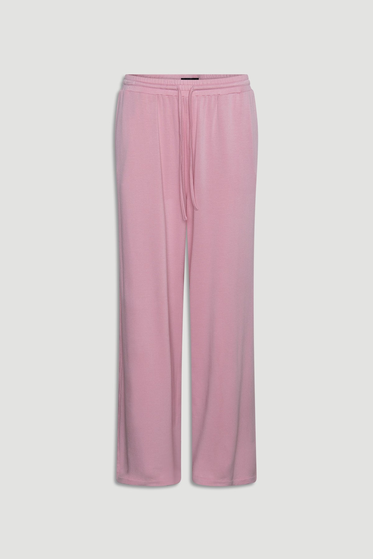 Pink wide leg lounge pants in soft jersey fabric with drawstring waist for relaxed, cozy wear