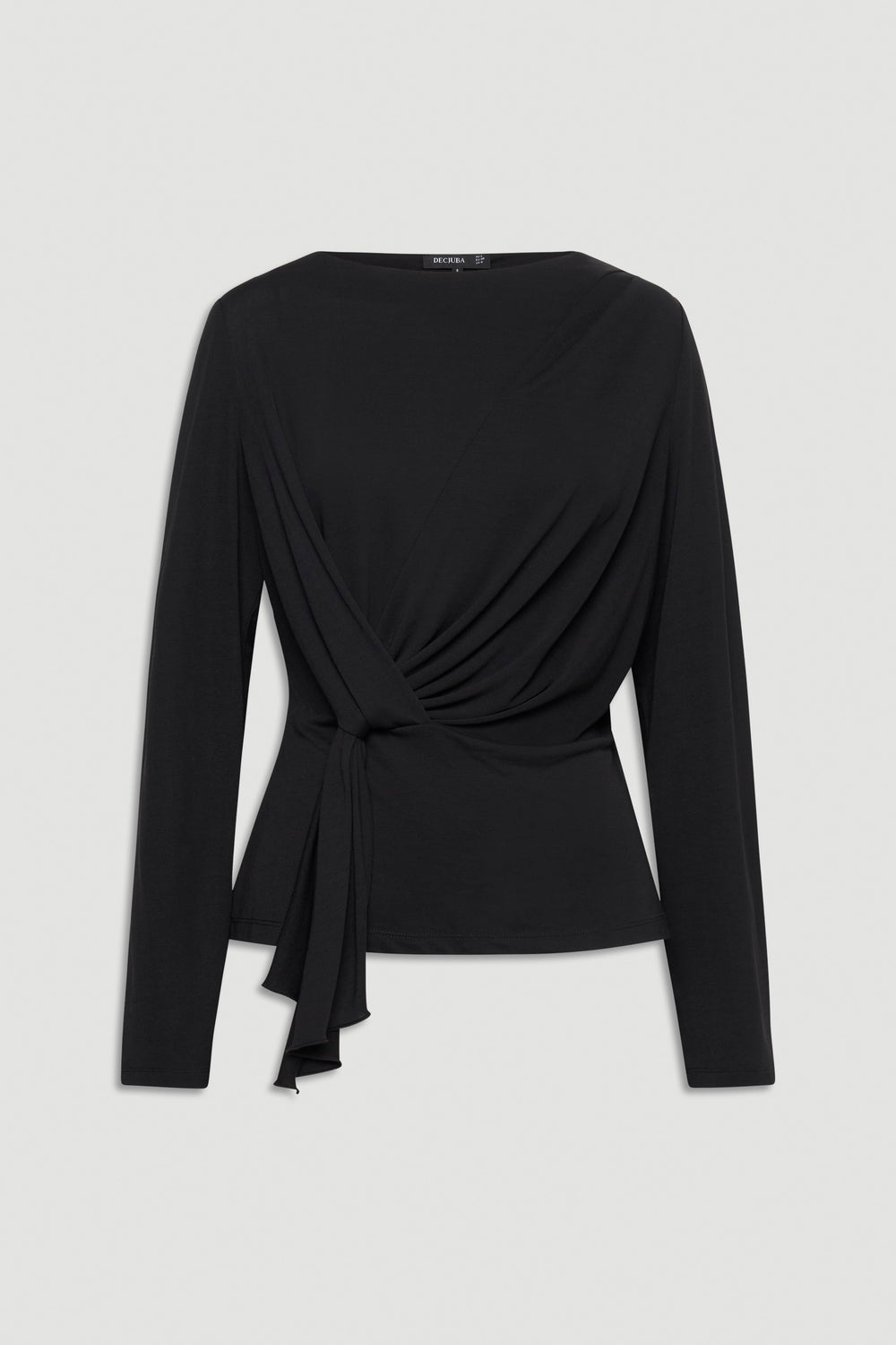 Black long-sleeve top with a draped front and side tie detail for a flattering and versatile look