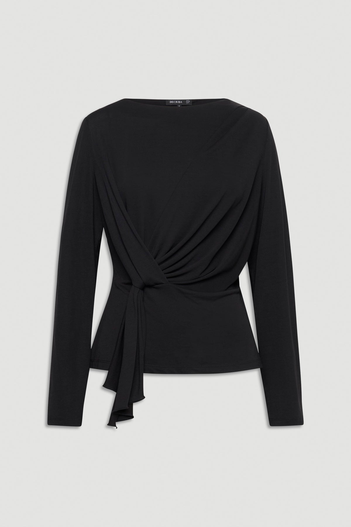 Black long-sleeve top with a draped front and side tie detail for a flattering and versatile look