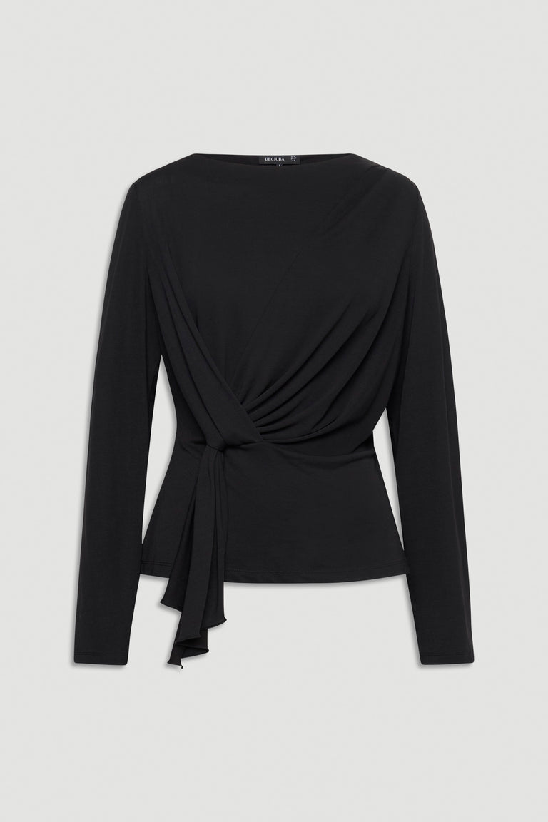 Black long-sleeve top with a draped front and side tie detail for a flattering and versatile look