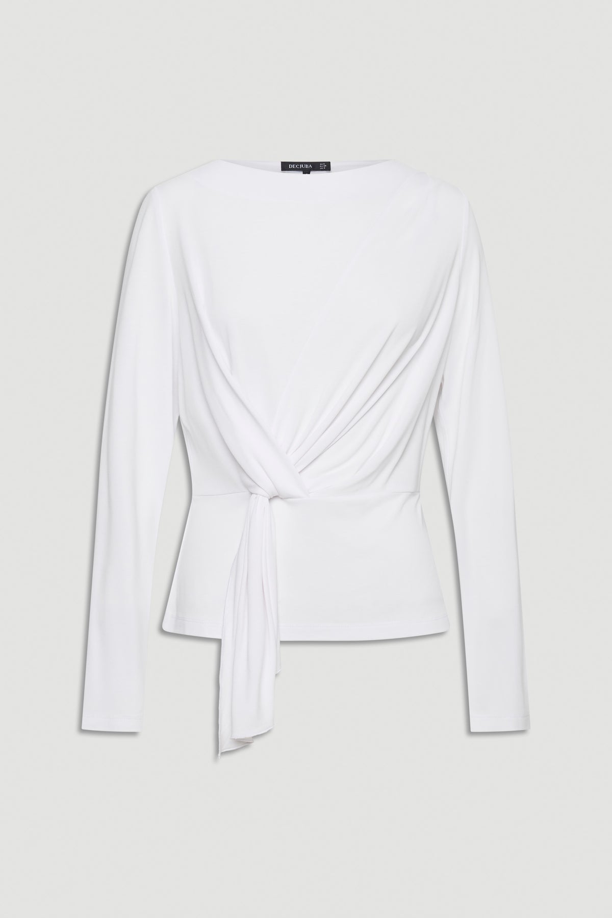 White long-sleeve top with a draped tie detail at the waist, offering a modern and versatile silhouette.