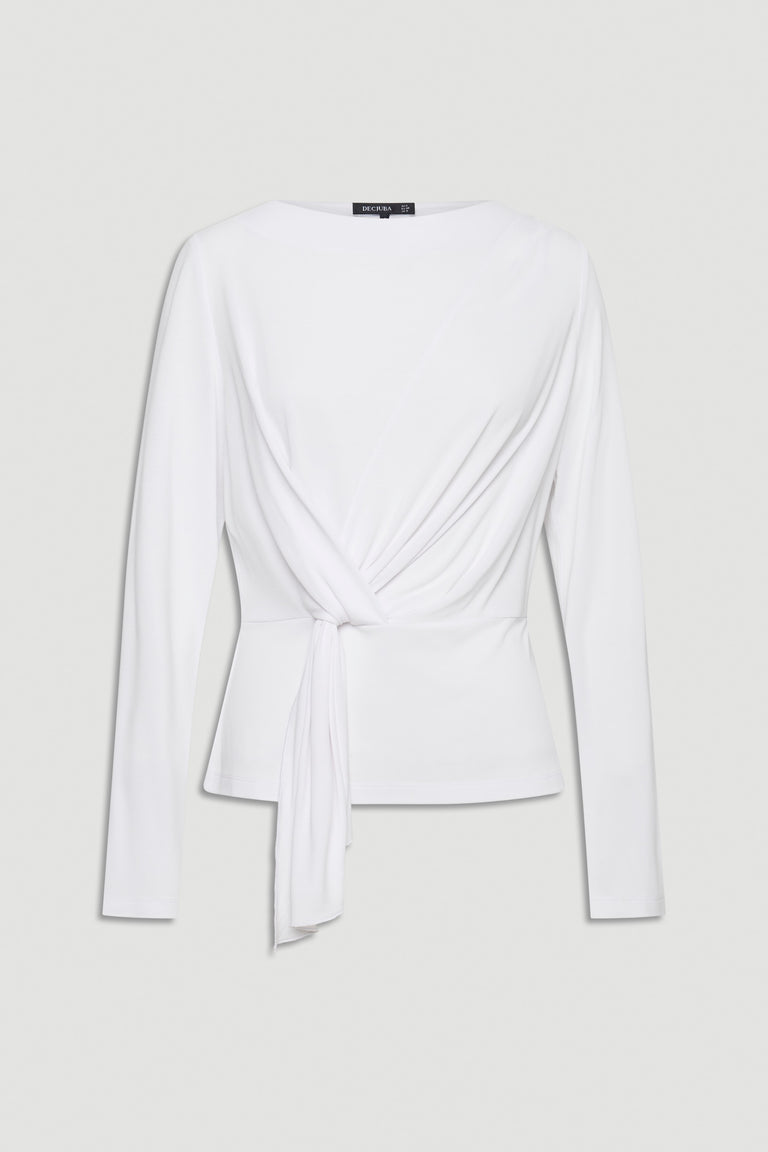 White long-sleeve top with a draped tie detail at the waist, offering a modern and versatile silhouette.