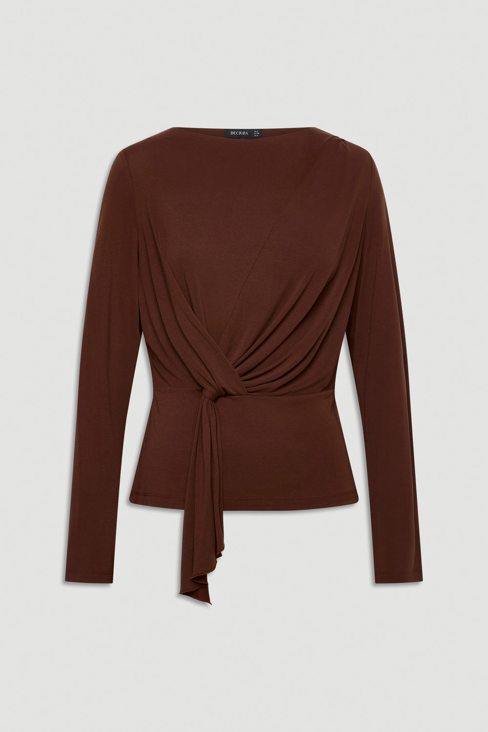Long-sleeve brown top with draped front wrap and tie detail for a flattering, tailored fit.