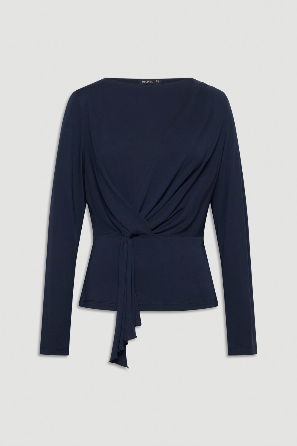 Navy long-sleeve top with asymmetrical tie detail and draped front, designed for a flattering, versatile fit.