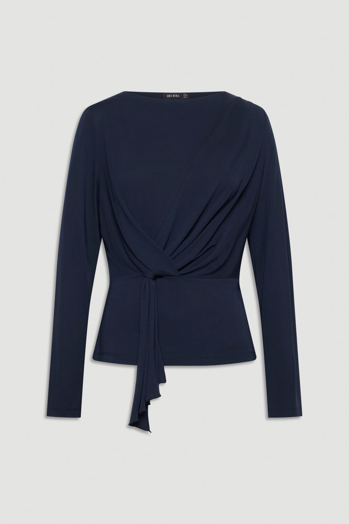Navy long-sleeve top with asymmetrical tie detail and draped front, designed for a flattering, versatile fit.