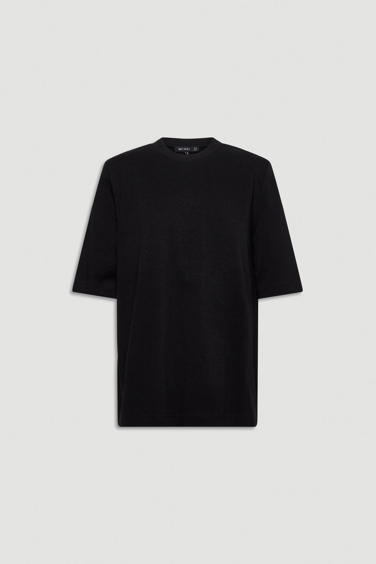 Black tee featuring structured shoulder pads and a relaxed fit, perfect for elevating everyday casual looks.