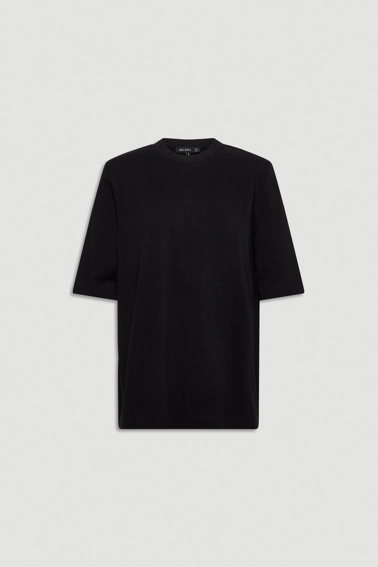 Black tee featuring structured shoulder pads and a relaxed fit, perfect for elevating everyday casual looks.
