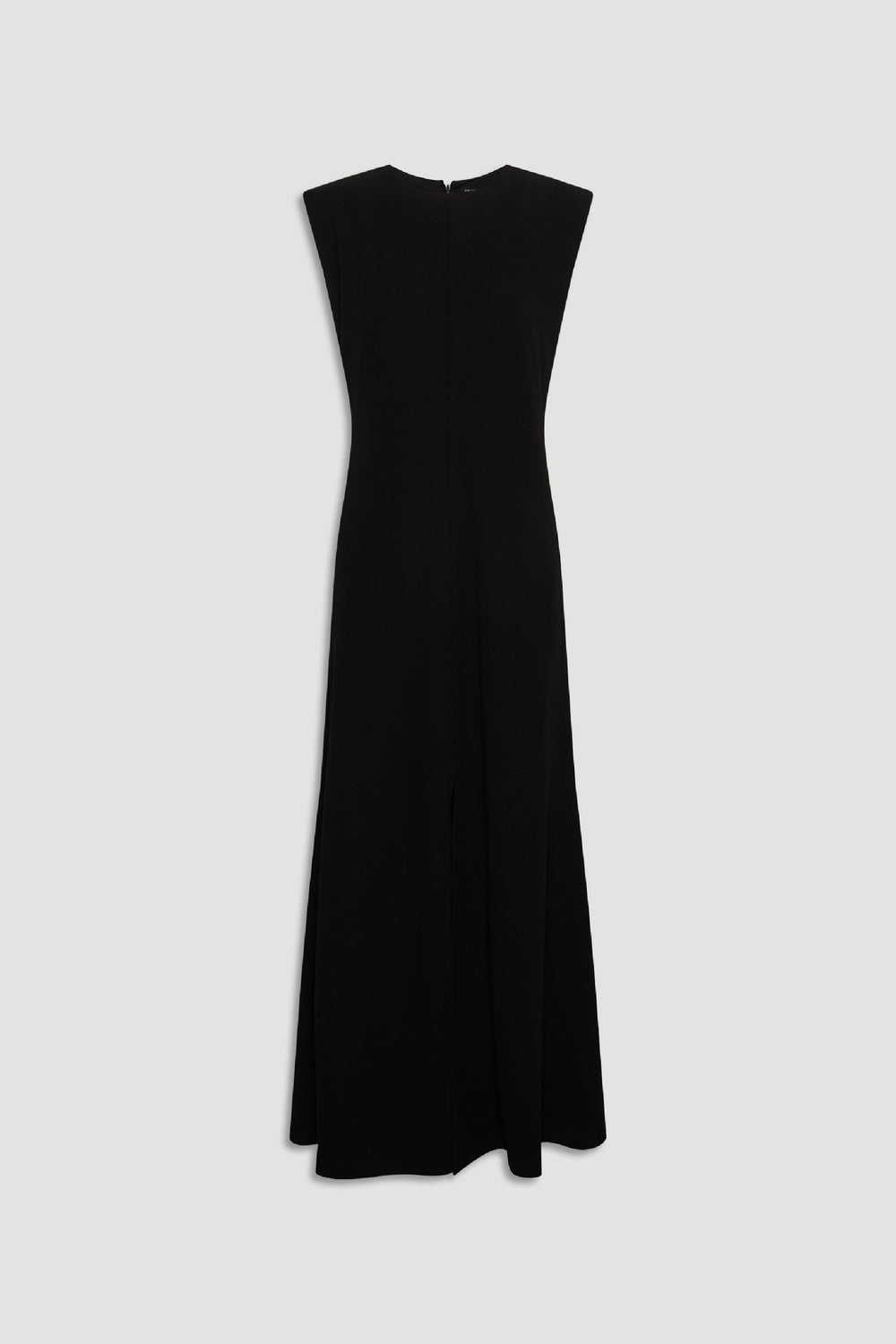 Black sleeveless maxi dress with a fitted bodice and long flowing skirt laid flat on a grey background.
