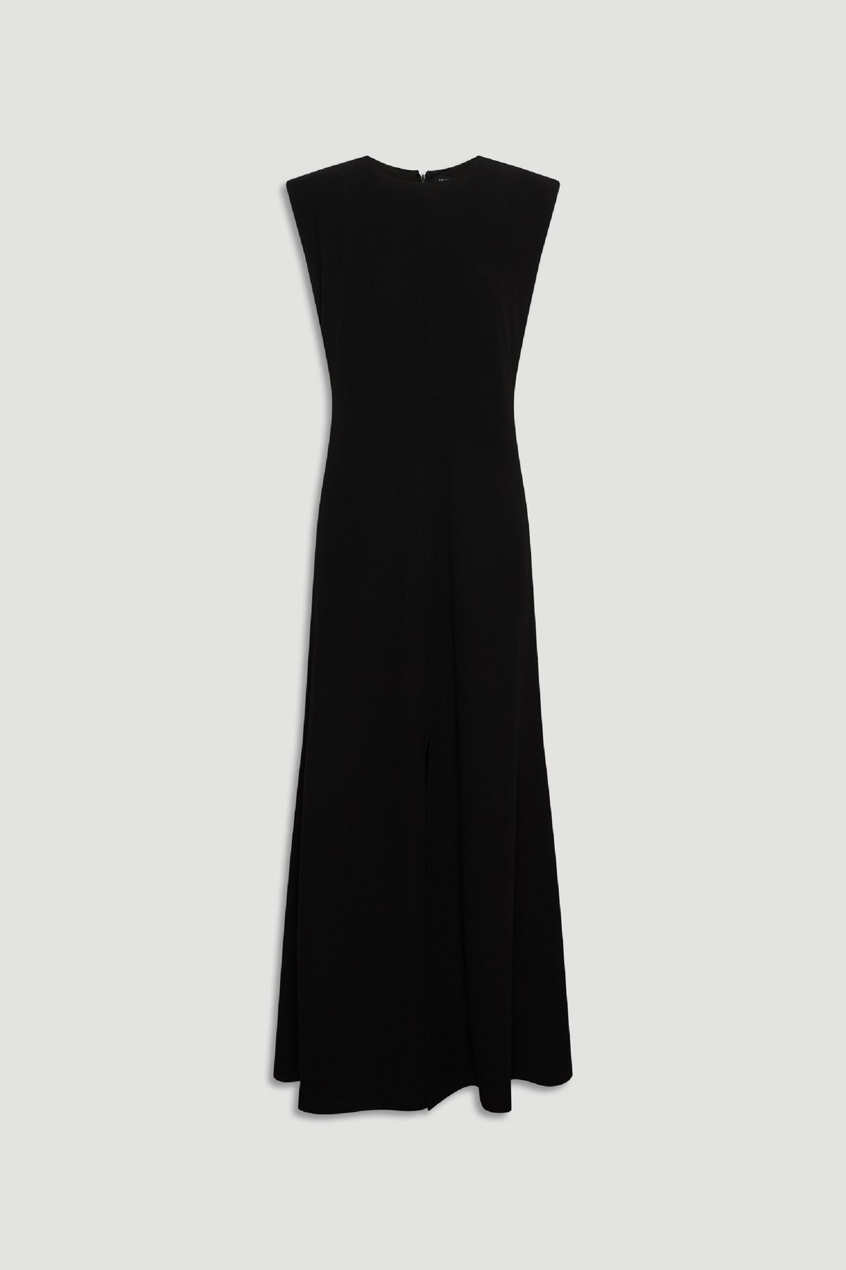 Black sleeveless maxi dress with a fitted bodice and long flowing skirt laid flat on a grey background.