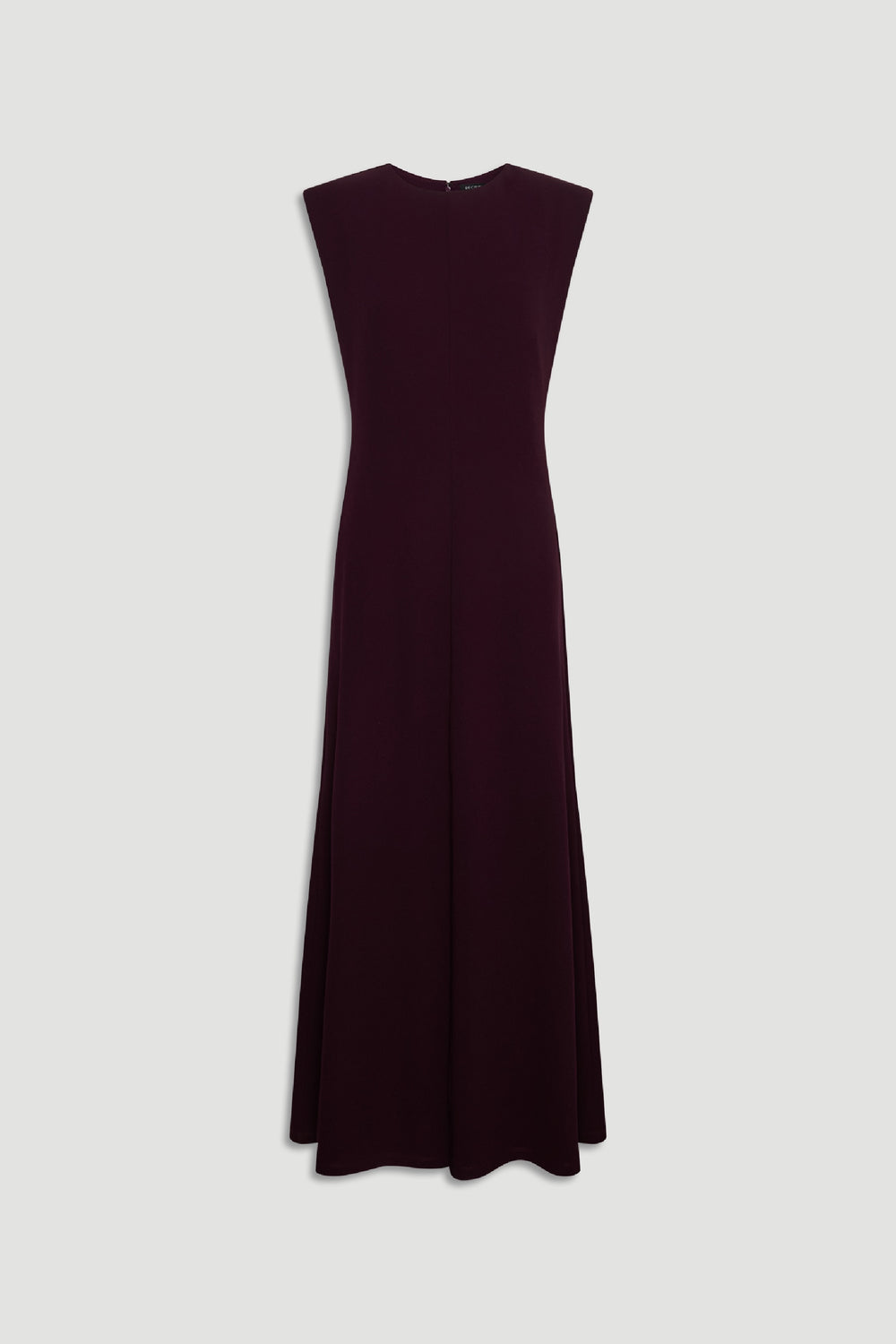 Sleeveless burgundy maxi dress with a fitted bodice and flowing skirt, displayed against a plain background.
