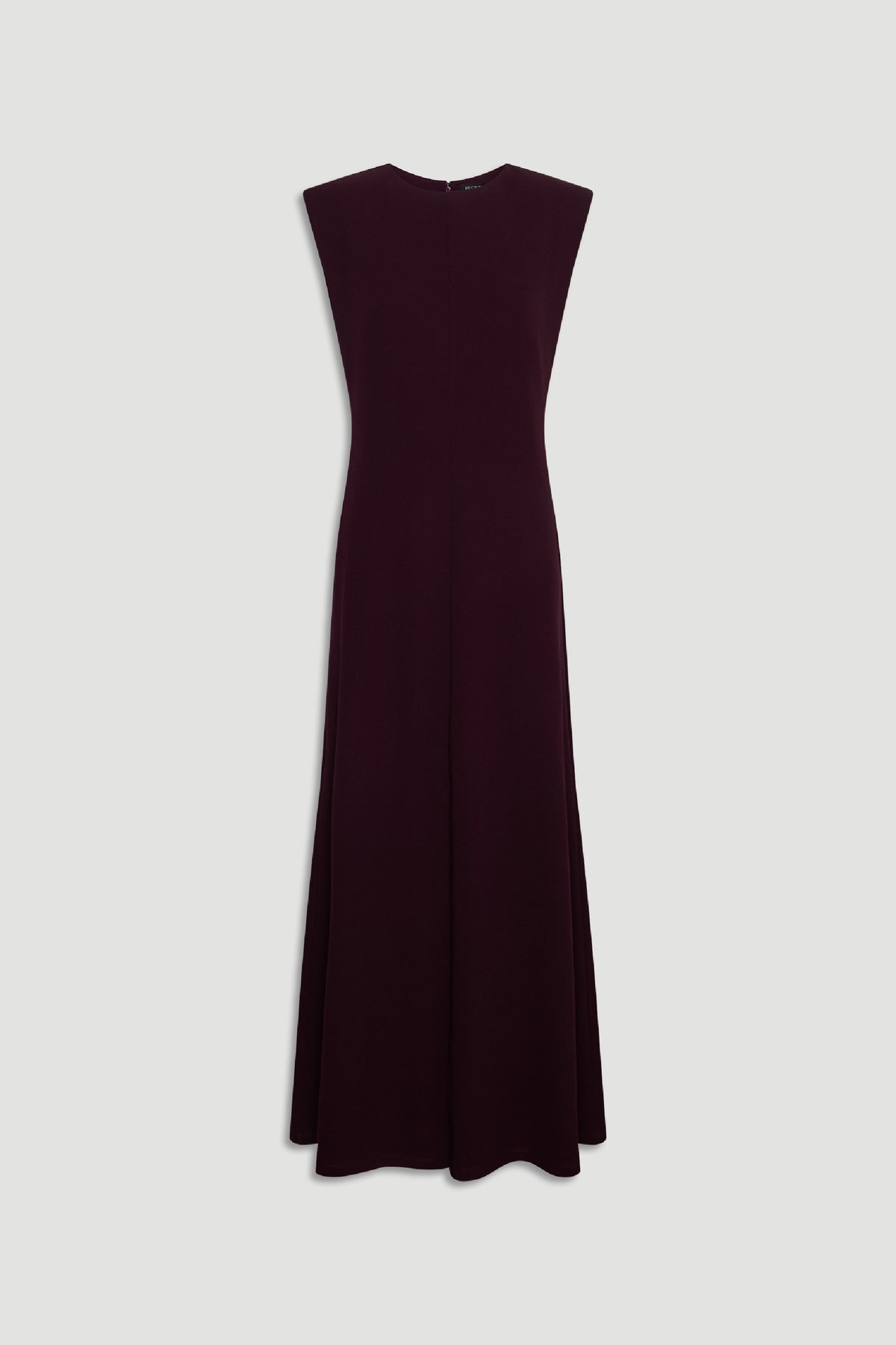 Sleeveless burgundy maxi dress with a fitted bodice and flowing skirt, displayed against a plain background.