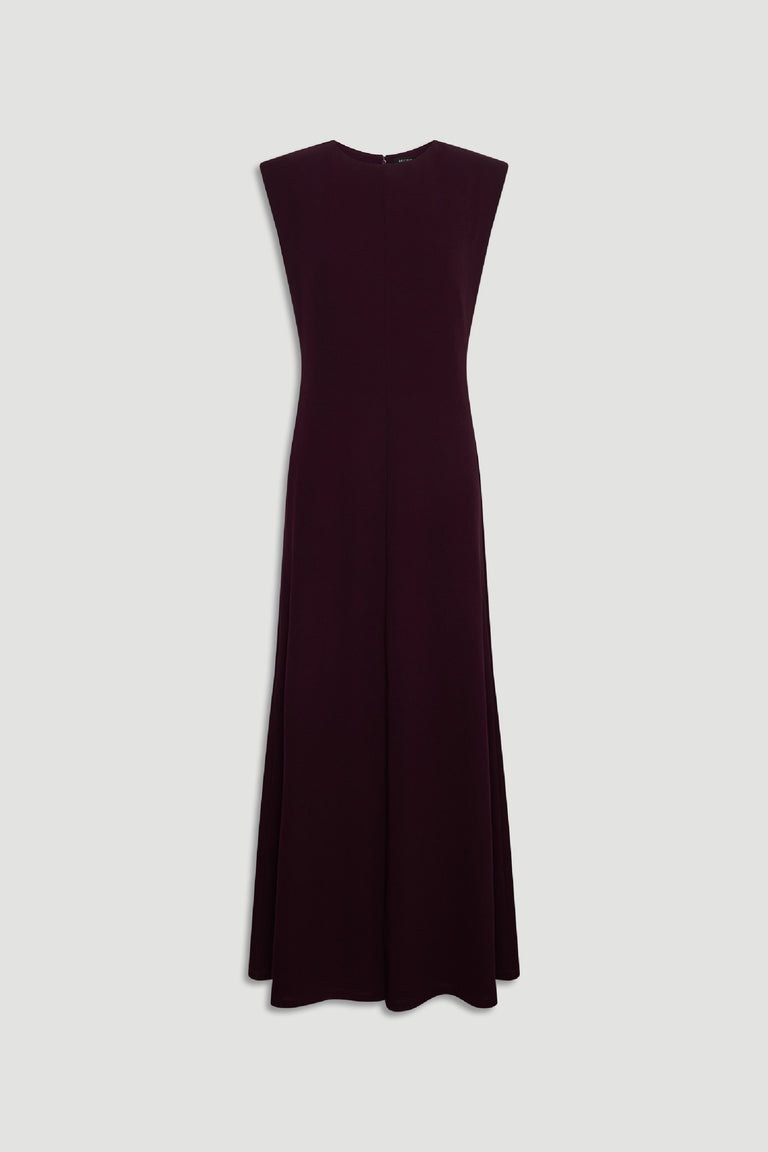 Sleeveless burgundy maxi dress with a fitted bodice and flowing skirt, displayed against a plain background.