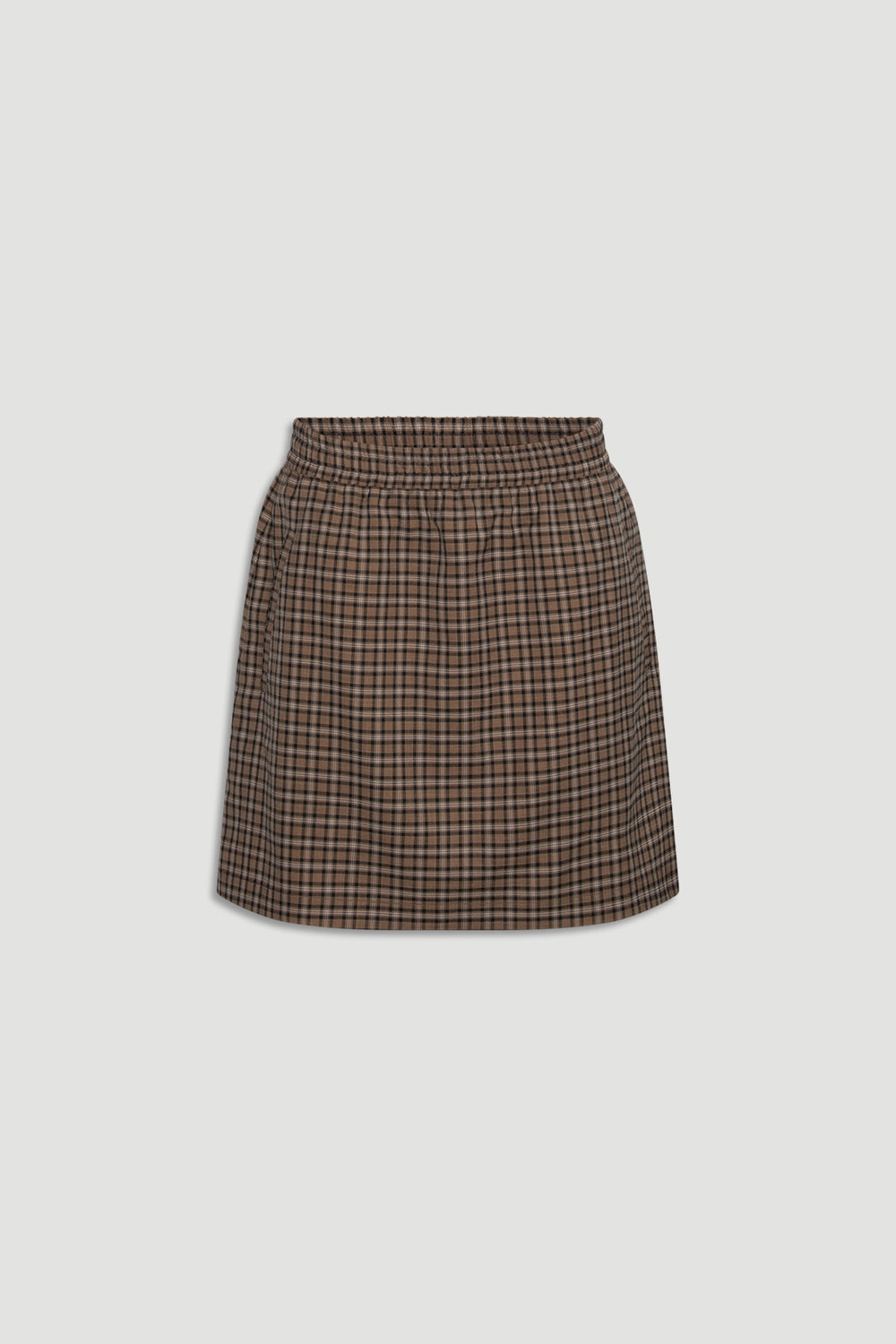 Violet Check Mini Skirt in soft brown check pattern with an elastic waistband, a versatile and stylish piece from DECJUBA.