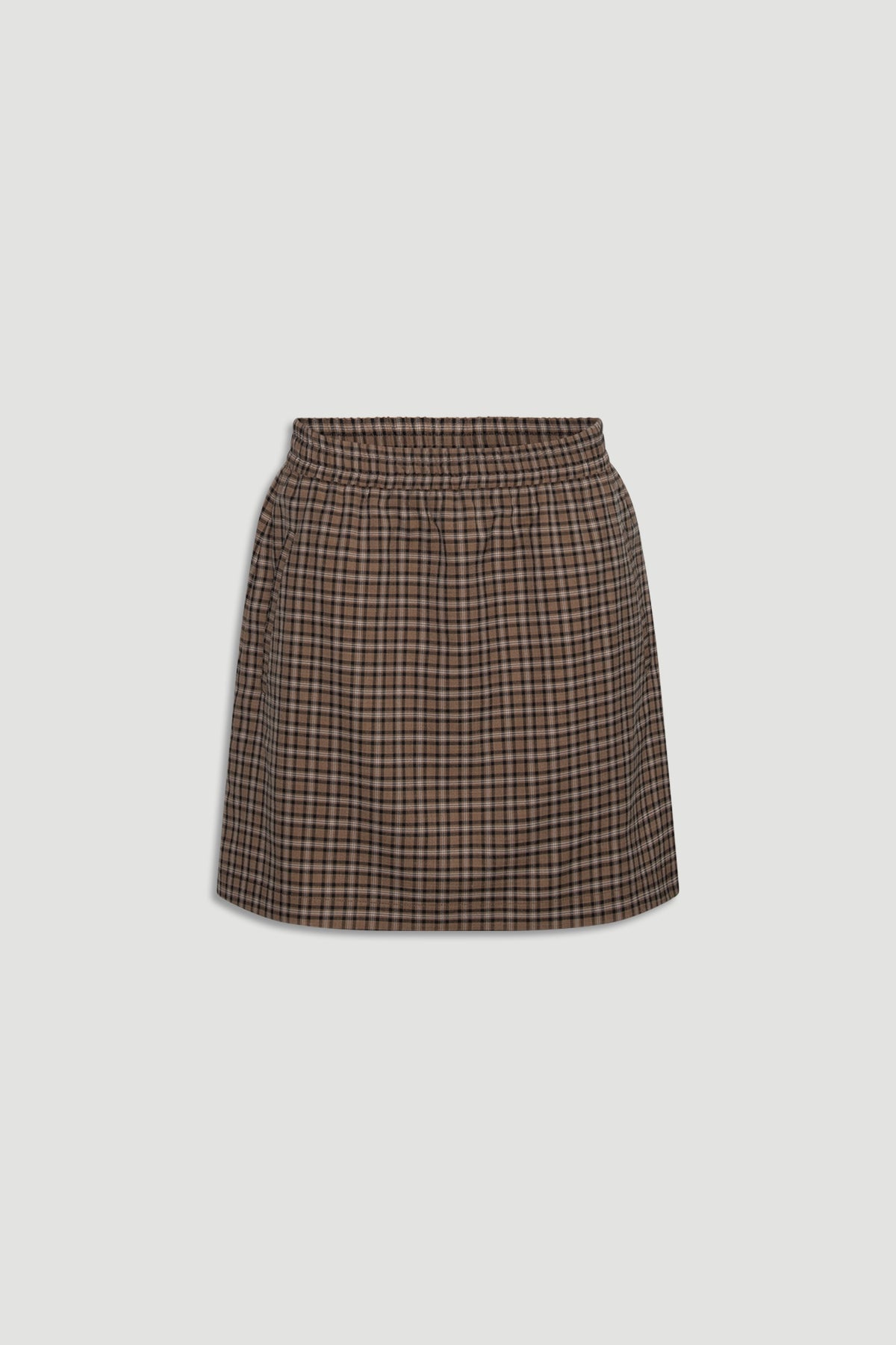 Violet Check Mini Skirt in soft brown check pattern with an elastic waistband, a versatile and stylish piece from DECJUBA.