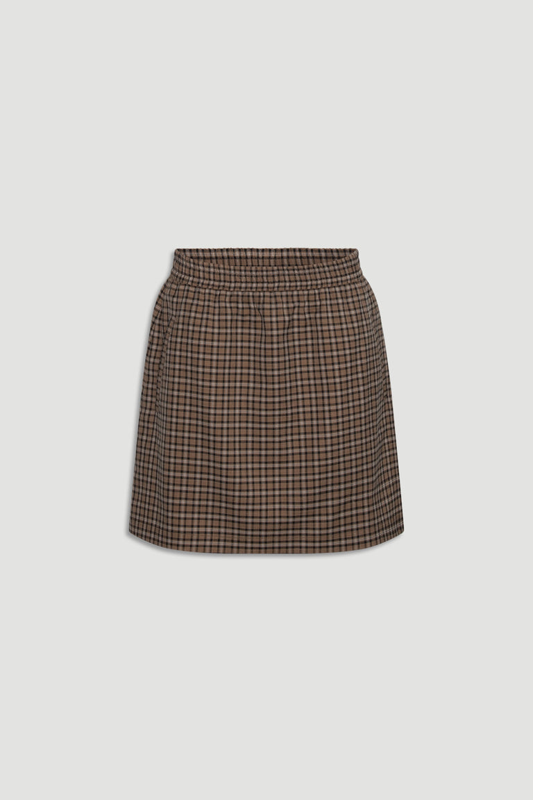 Violet Check Mini Skirt in soft brown check pattern with an elastic waistband, a versatile and stylish piece from DECJUBA.