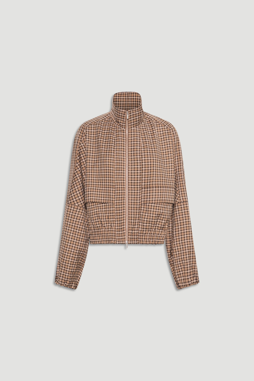 Front view of Violet Zip Check Jacket featuring high collar, zip closure, elasticated hem, and subtle brown check pattern.