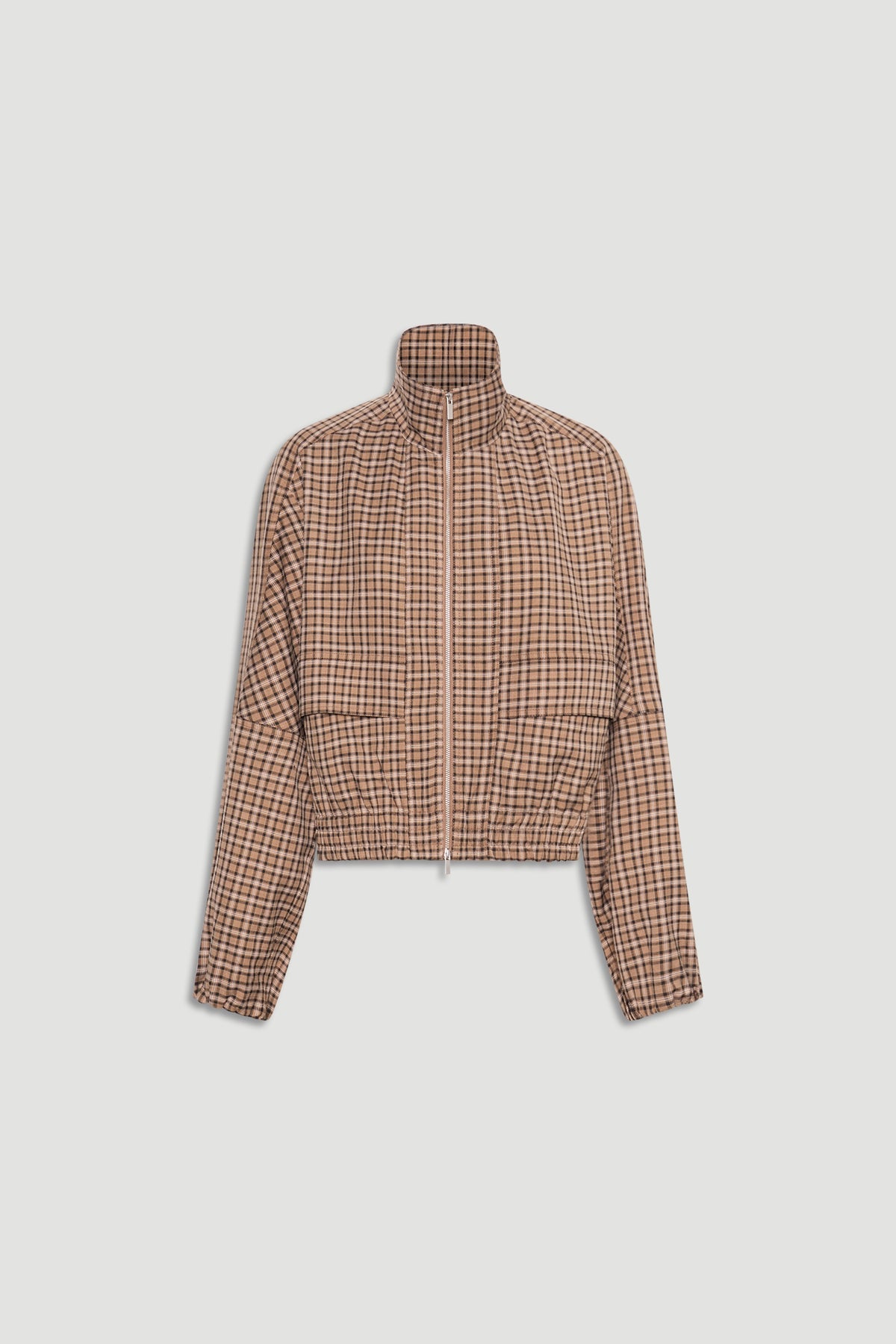 Front view of Violet Zip Check Jacket featuring high collar, zip closure, elasticated hem, and subtle brown check pattern.