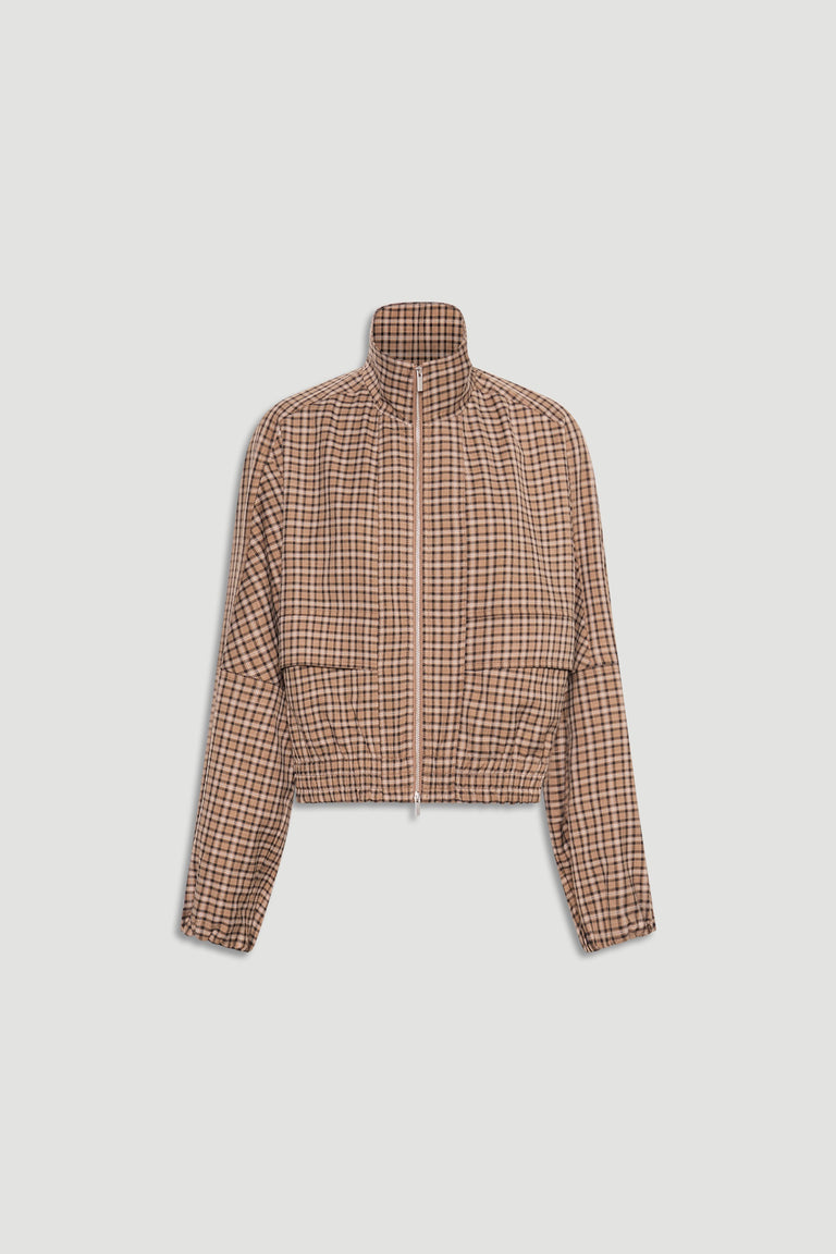 Front view of Violet Zip Check Jacket featuring high collar, zip closure, elasticated hem, and subtle brown check pattern.