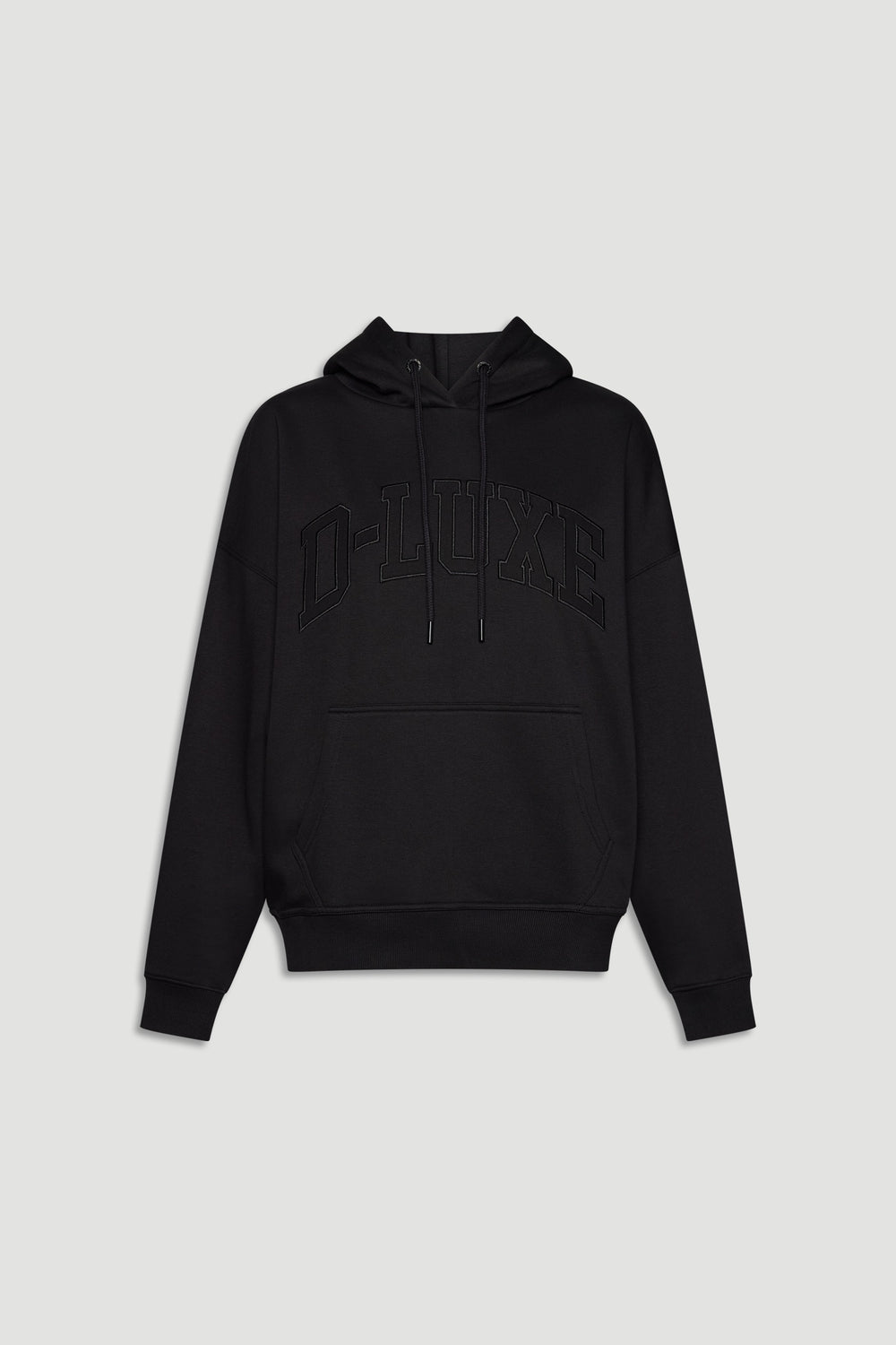 Black relaxed fit hoodie with subtle embossed "D-LUXE" text, featuring a drawstring hood and front kangaroo pocket.
