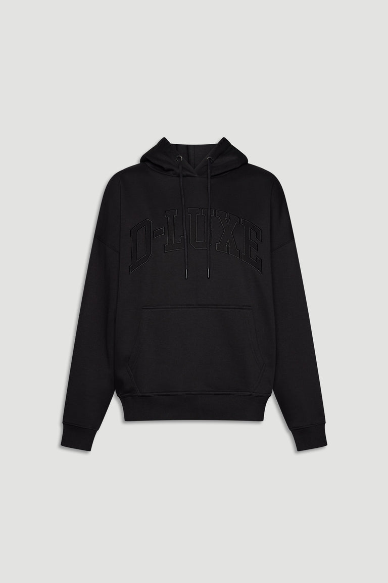 Black relaxed fit hoodie with subtle embossed "D-LUXE" text, featuring a drawstring hood and front kangaroo pocket.