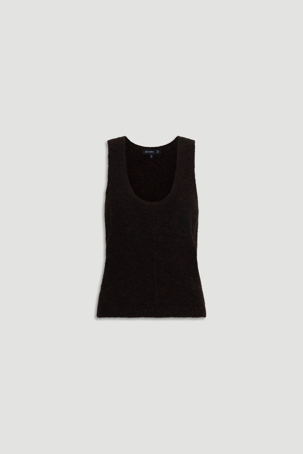 Sleeveless fluffy knit tank top in deep brown featuring a soft texture and relaxed scoop neckline for casual layering.