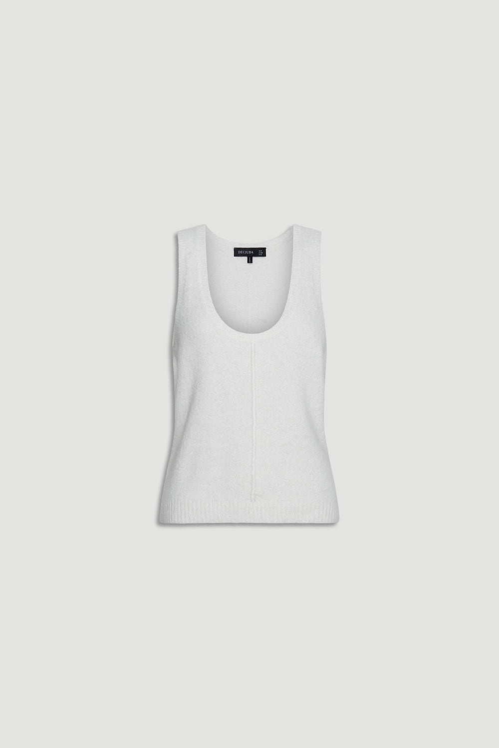 Ivory sleeveless fluffy knit tank with a scoop neckline and subtle vertical seam detail at the front