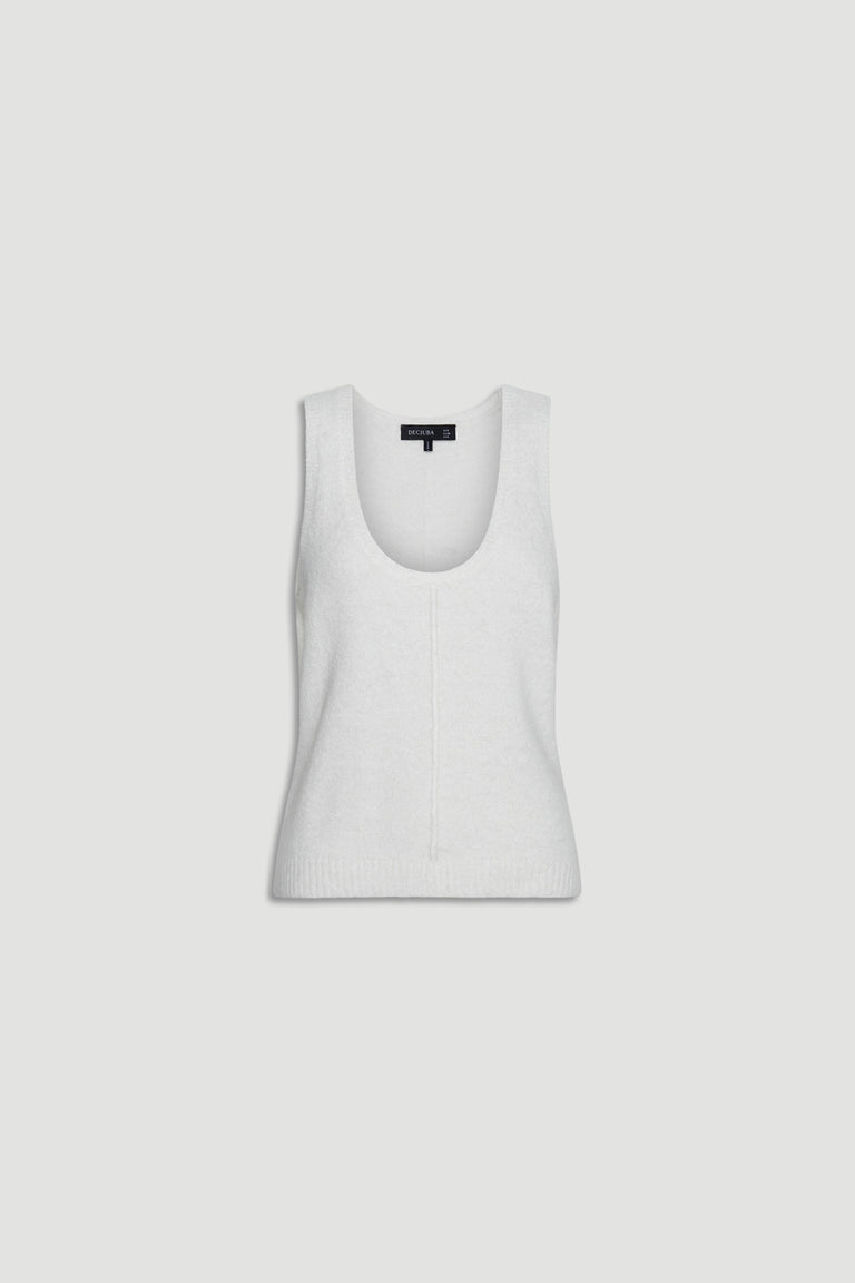 Ivory sleeveless fluffy knit tank with a scoop neckline and subtle vertical seam detail at the front