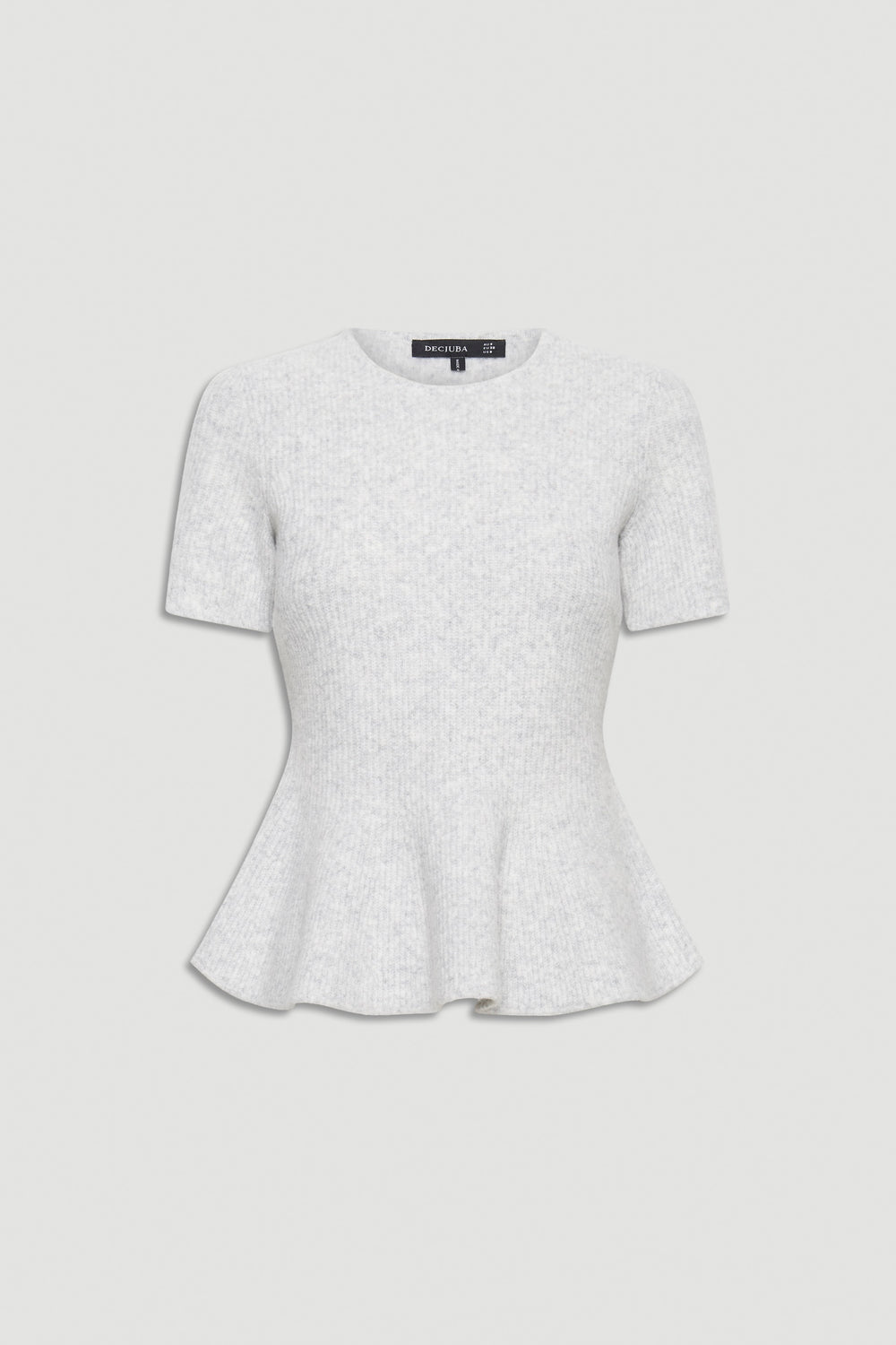 Light grey knit top with short sleeves and a fitted waist featuring a flared peplum hem for a feminine silhouette