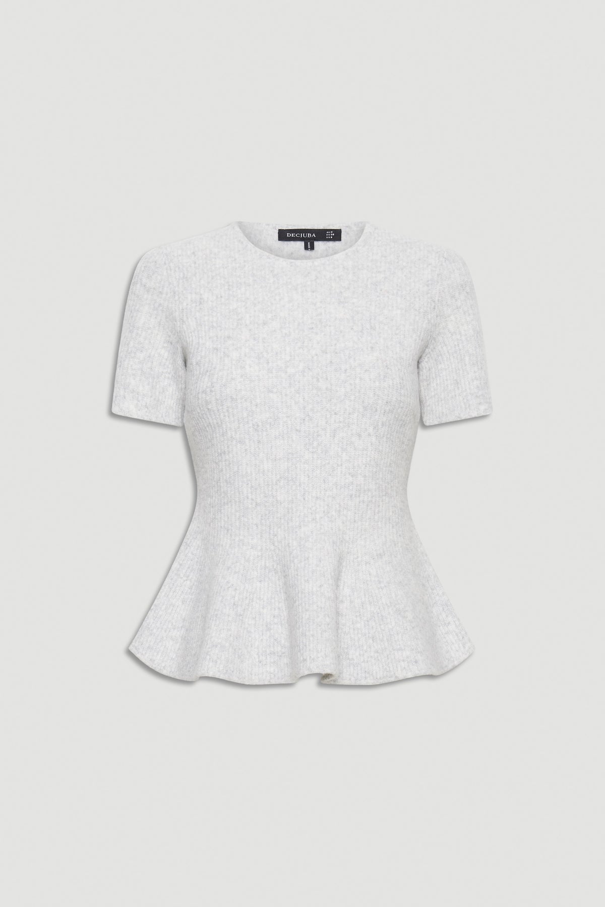 Light grey knit top with short sleeves and a fitted waist featuring a flared peplum hem for a feminine silhouette