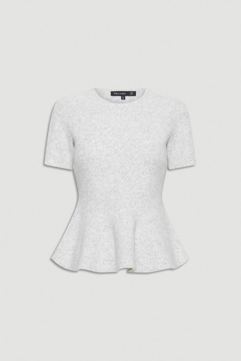 Light grey knit top with short sleeves and a fitted waist featuring a flared peplum hem for a feminine silhouette