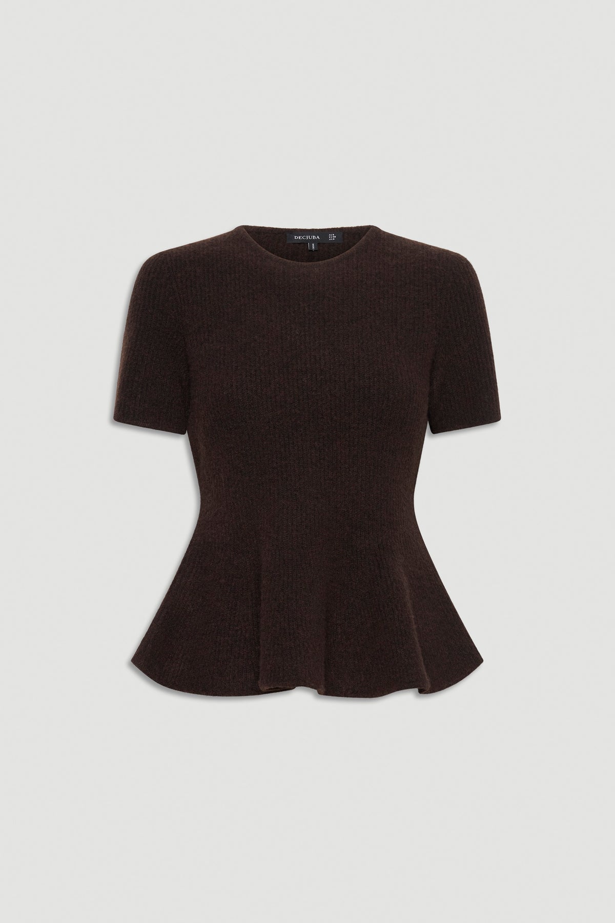 Dark brown peplum knit top with short sleeves and a fitted waist for a flattering, feminine silhouette.