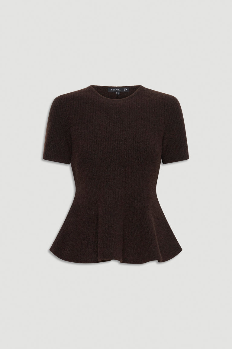 Dark brown peplum knit top with short sleeves and a fitted waist for a flattering, feminine silhouette.