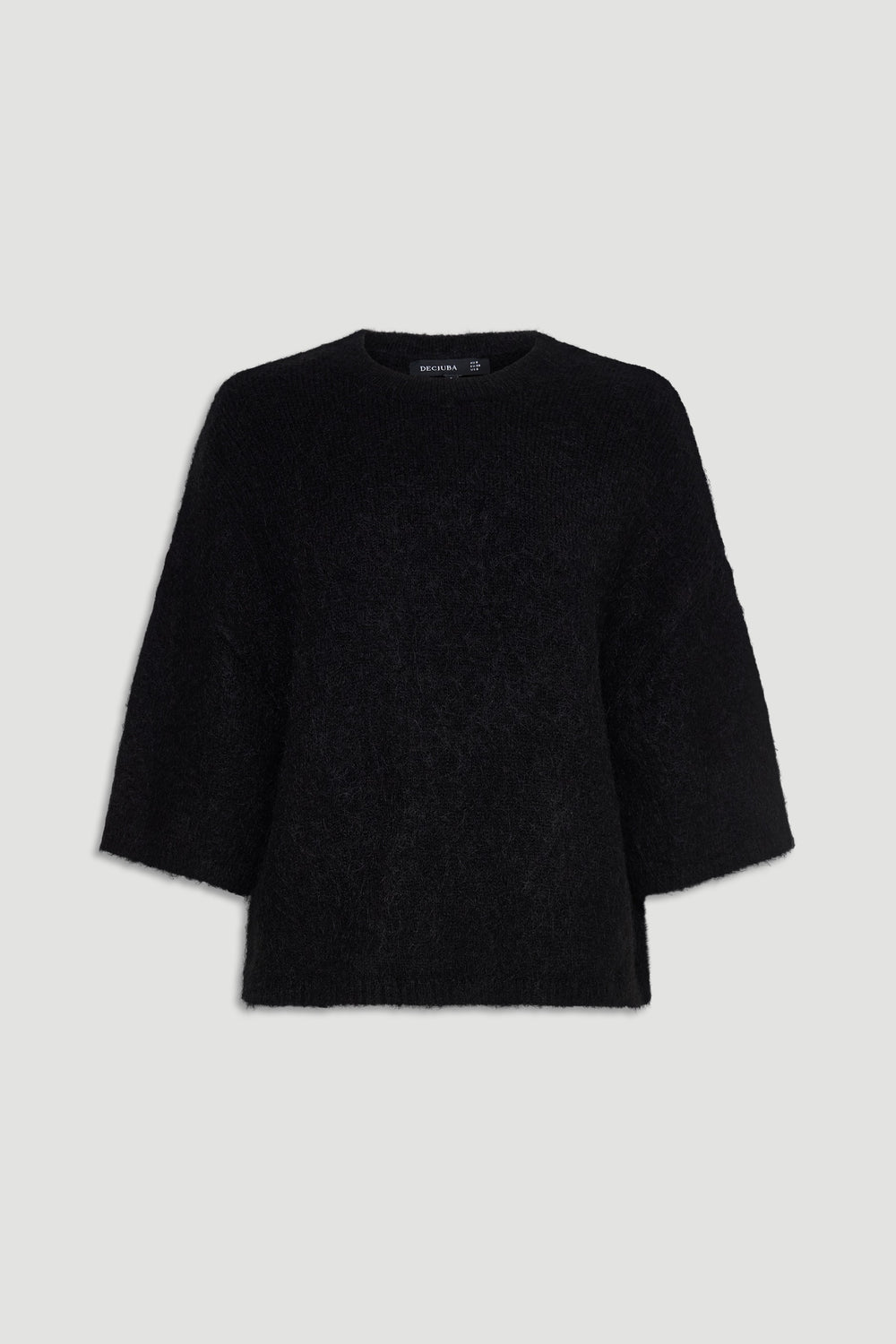 Black fluffy knit tee with relaxed three-quarter sleeves and a soft textured finish for everyday comfort.
