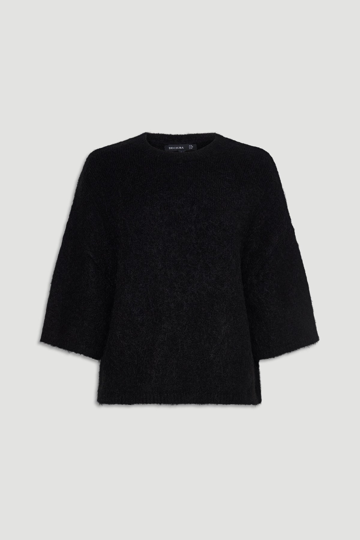 Black fluffy knit tee with relaxed three-quarter sleeves and a soft textured finish for everyday comfort.