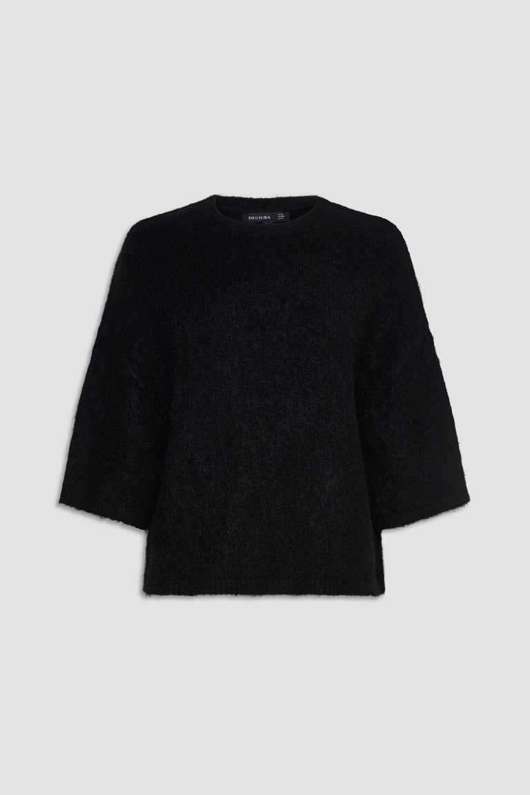 Black fluffy knit tee with relaxed three-quarter sleeves and a soft textured finish for everyday comfort.