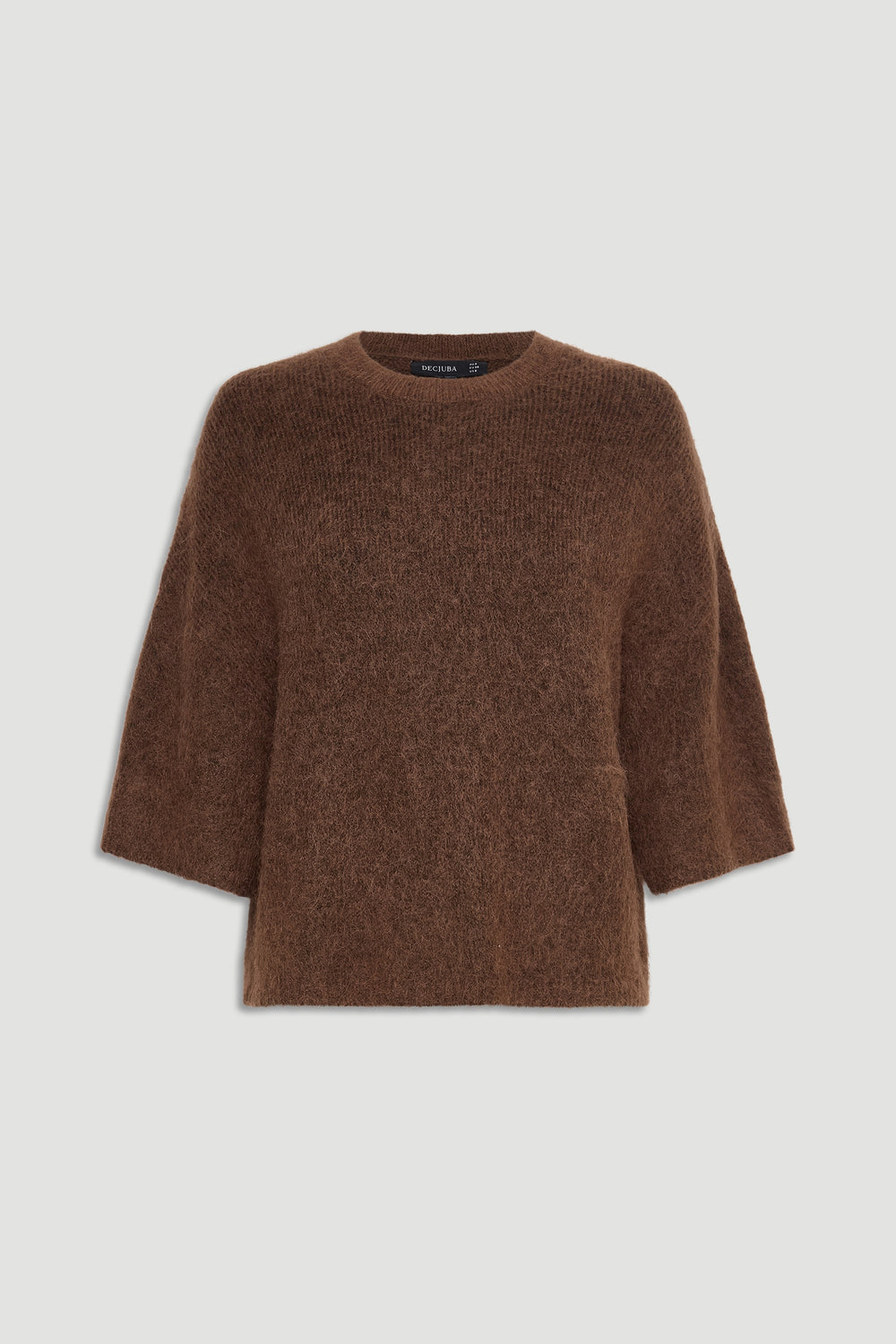 Soft caramel brown fluffy knit top with a relaxed fit and elbow-length sleeves, styled for everyday comfort.