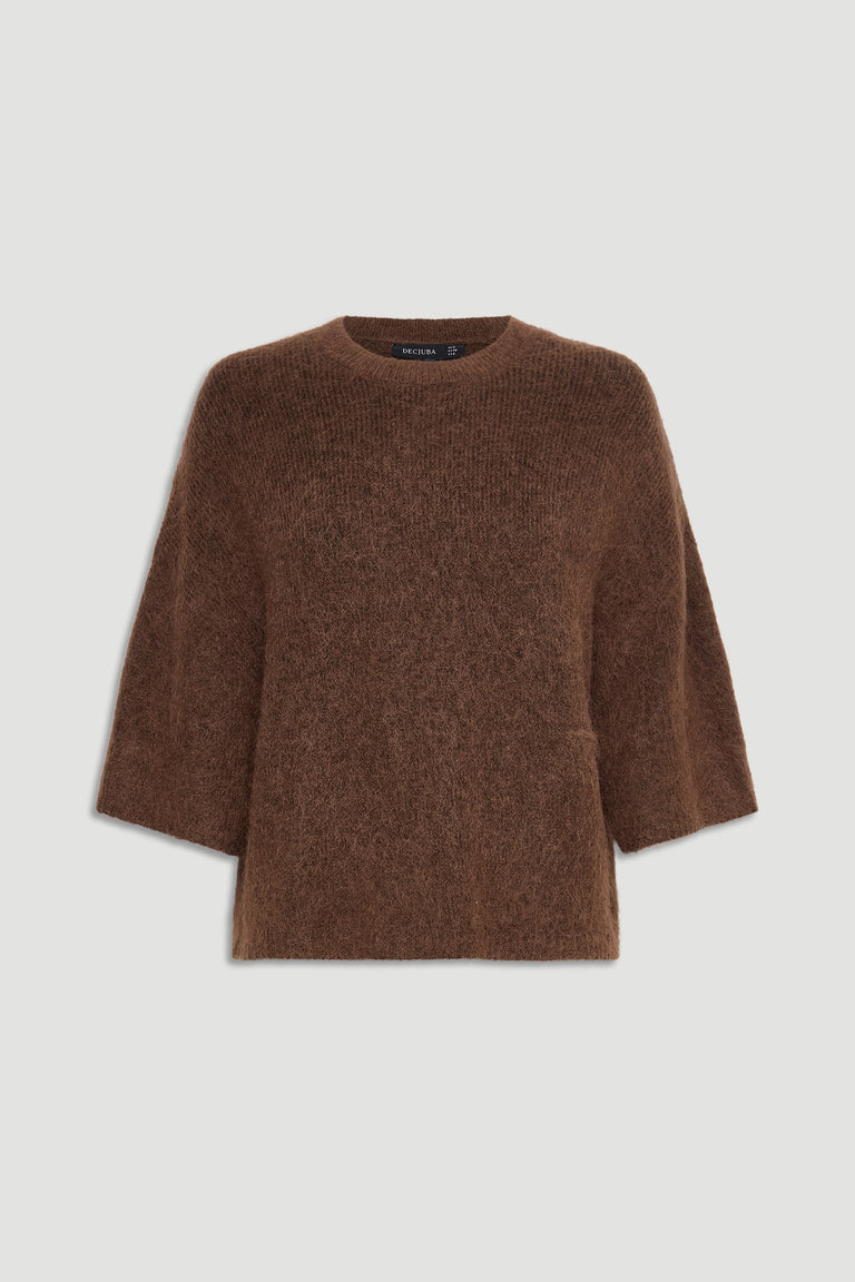 Soft caramel brown fluffy knit top with a relaxed fit and elbow-length sleeves, styled for everyday comfort.