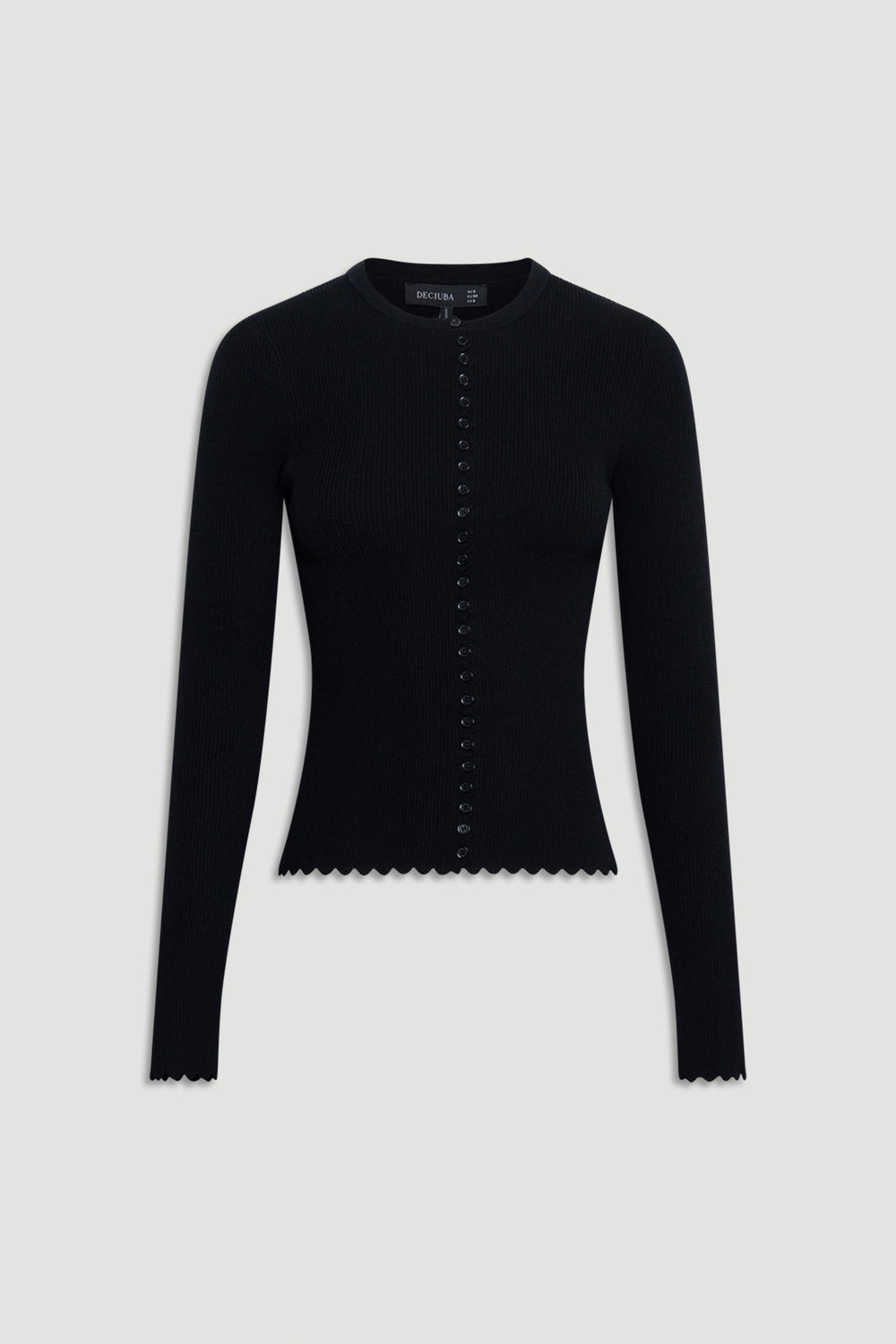 Black fitted knit top with scalloped edges and a central row of small buttons for a sleek, versatile look