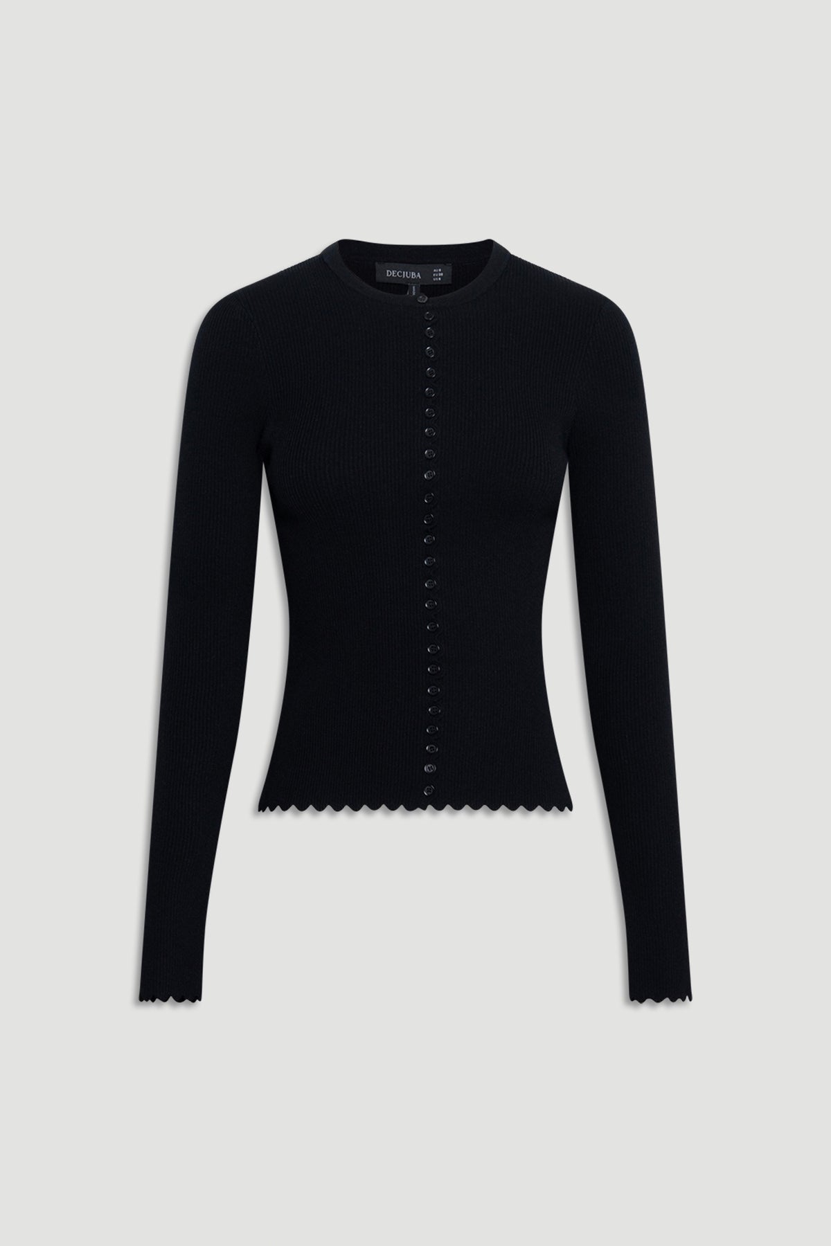 Black fitted knit top with scalloped edges and a central row of small buttons for a sleek, versatile look