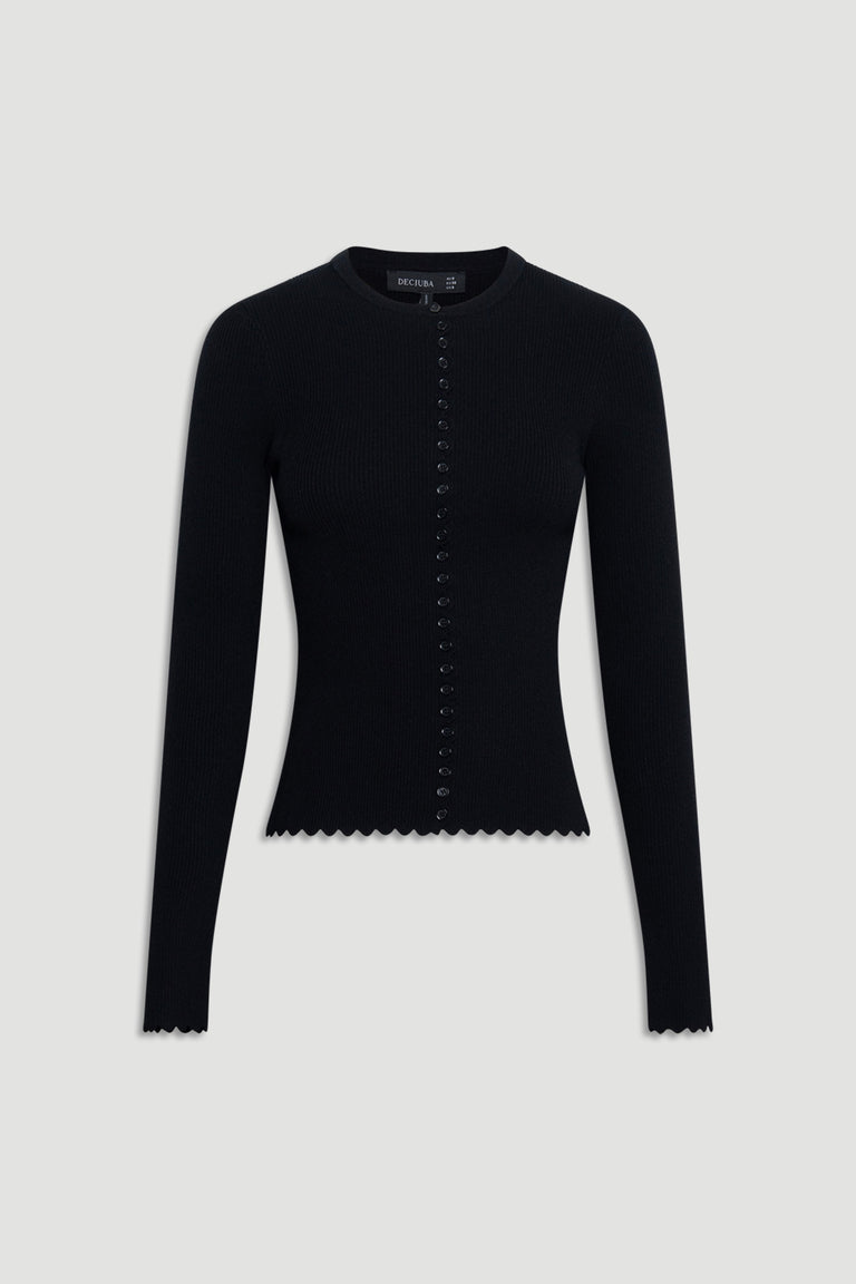Black fitted knit top with scalloped edges and a central row of small buttons for a sleek, versatile look