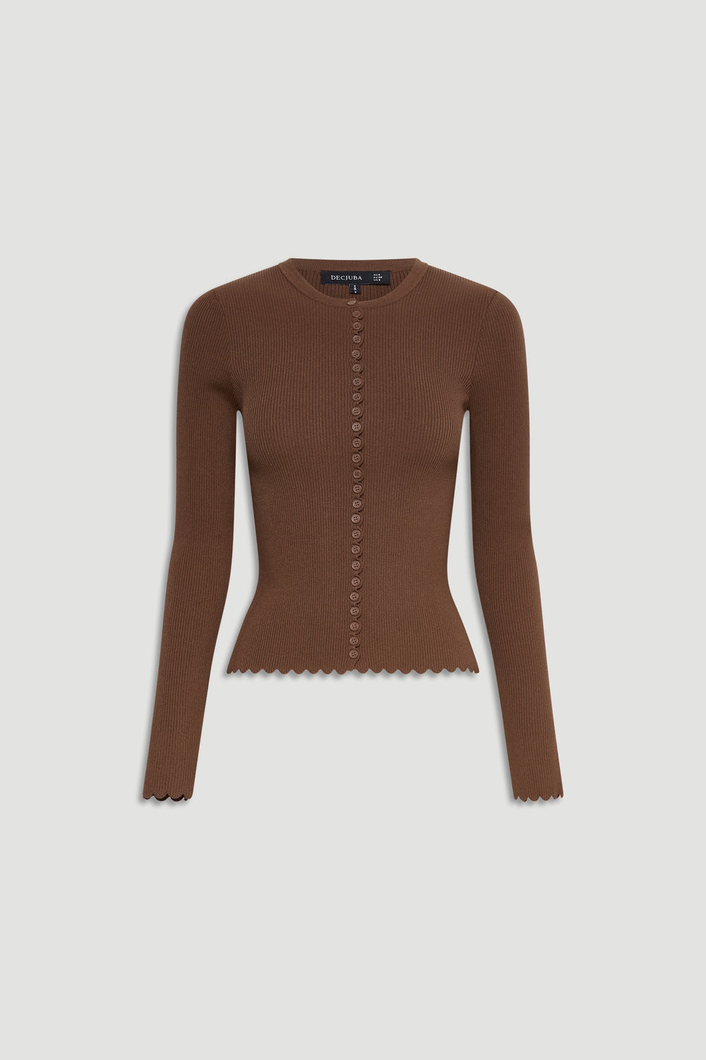 Slim-fit brown ribbed top with scalloped edges and a row of small buttons down the front for a feminine touch.