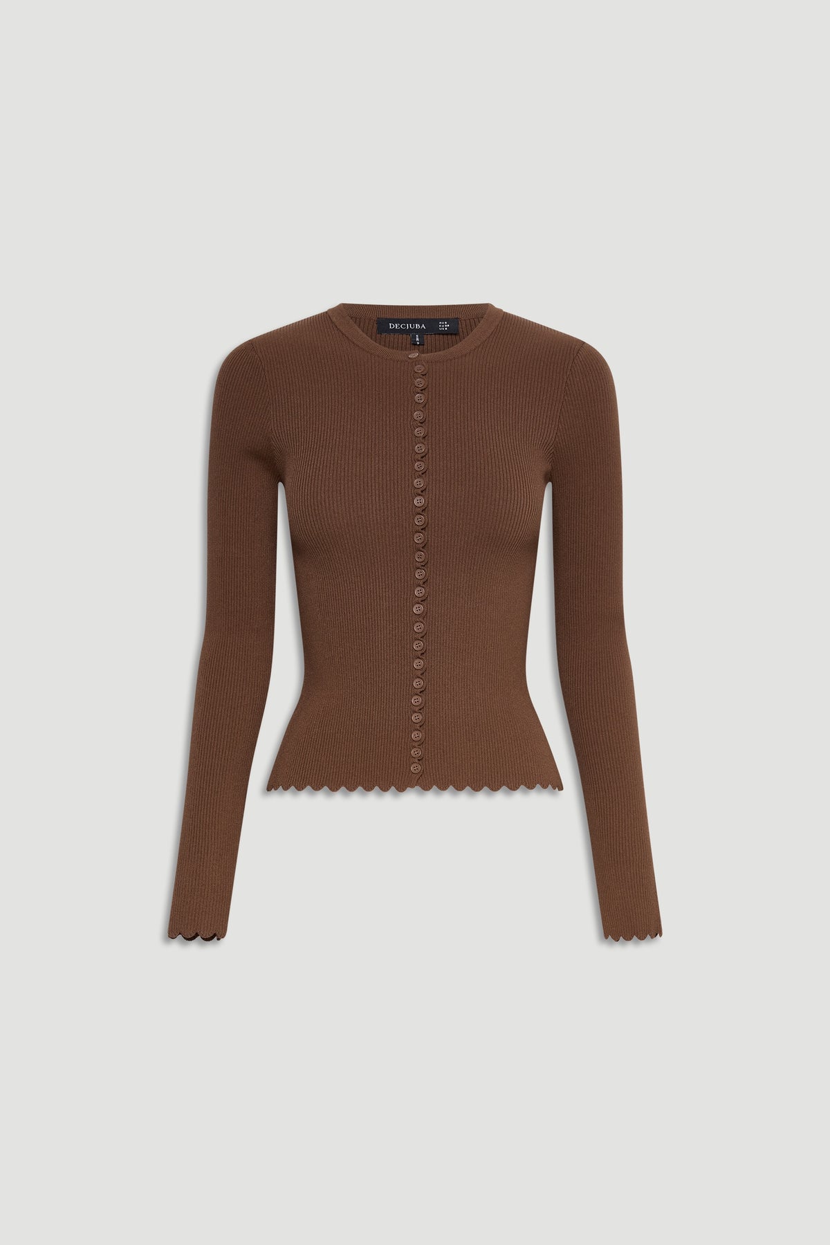 Slim-fit brown ribbed top with scalloped edges and a row of small buttons down the front for a feminine touch.