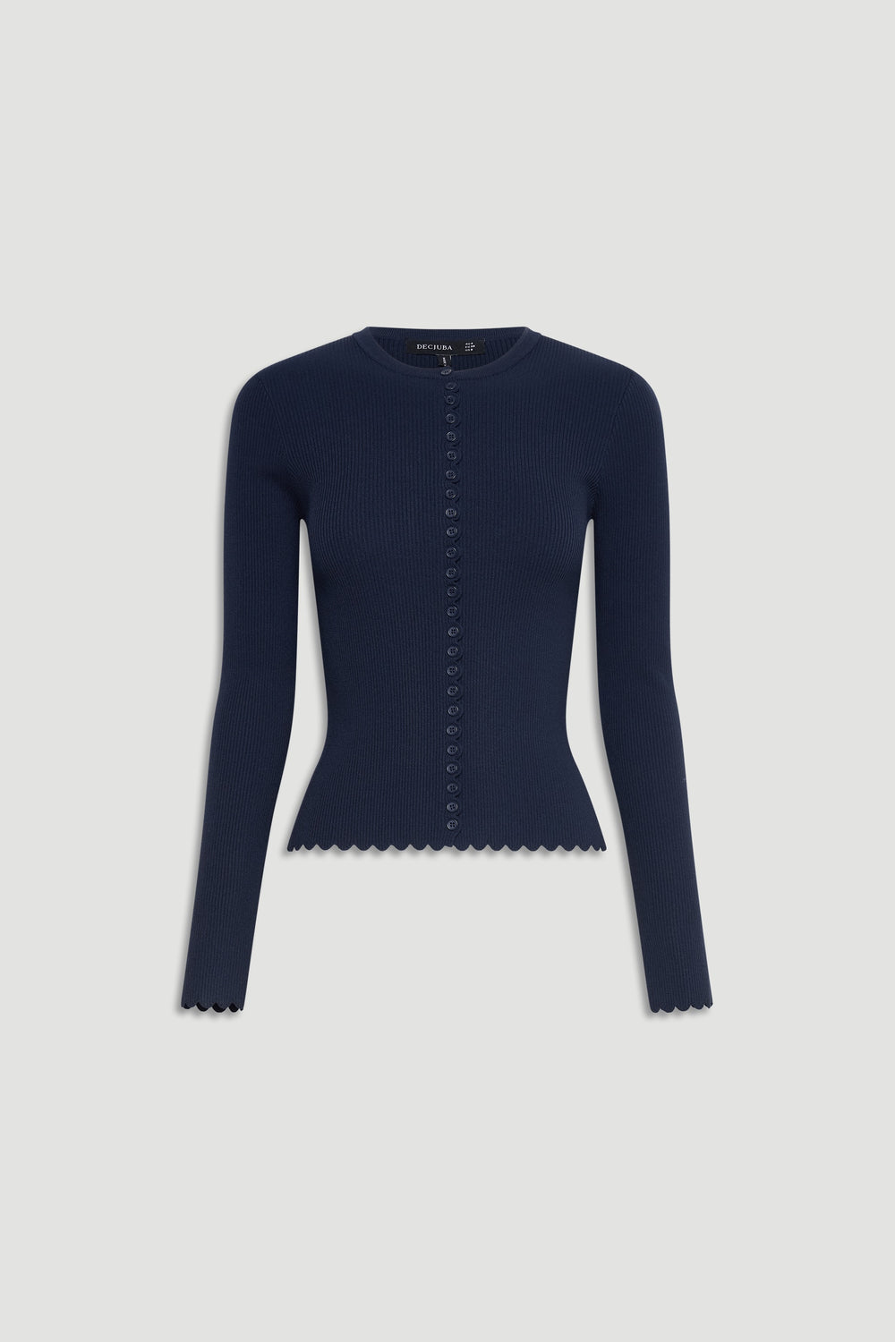 Navy blue fitted knit top with scalloped edges and small buttons down the front for a refined look