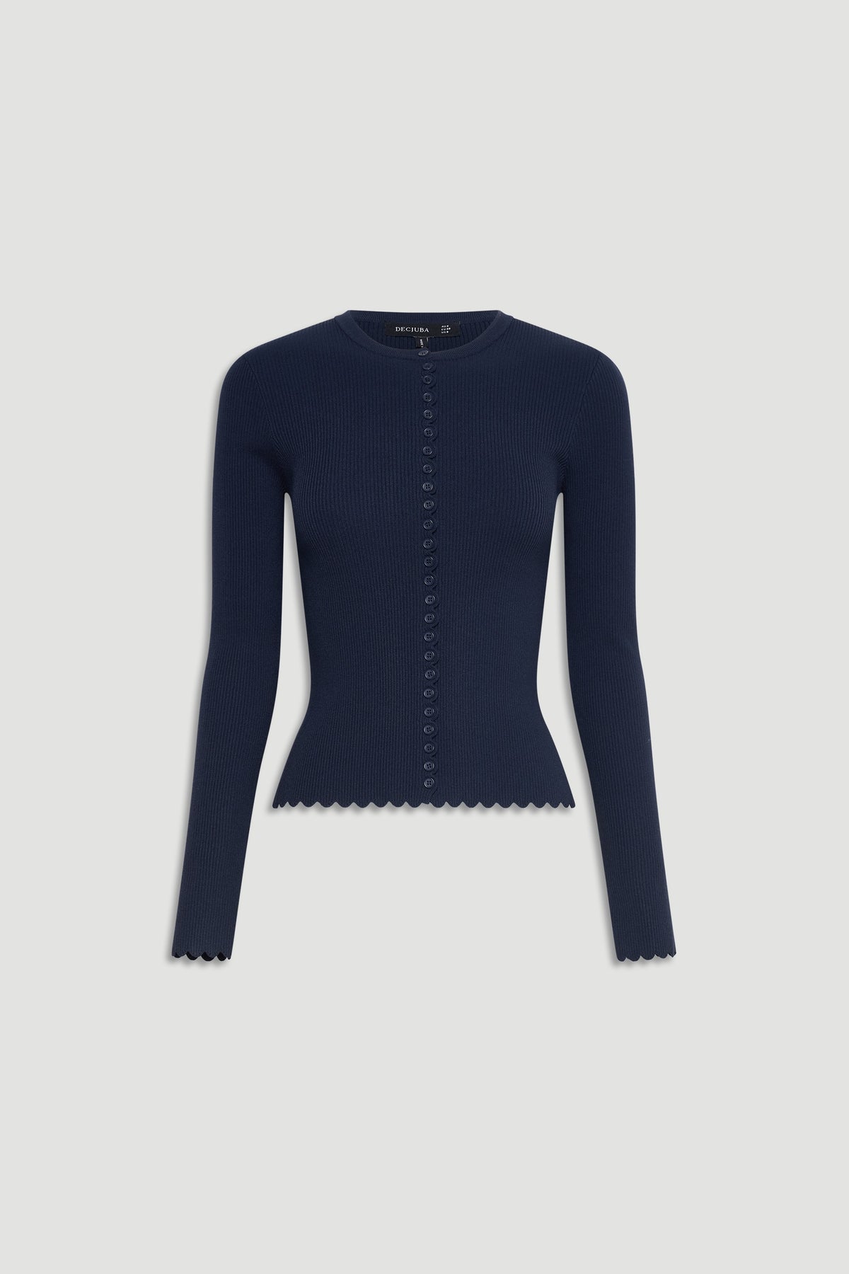 Navy blue fitted knit top with scalloped edges and small buttons down the front for a refined look