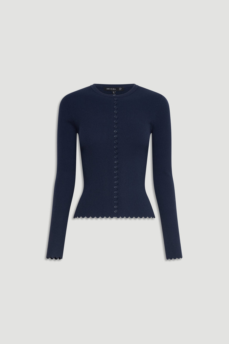 Navy blue fitted knit top with scalloped edges and small buttons down the front for a refined look