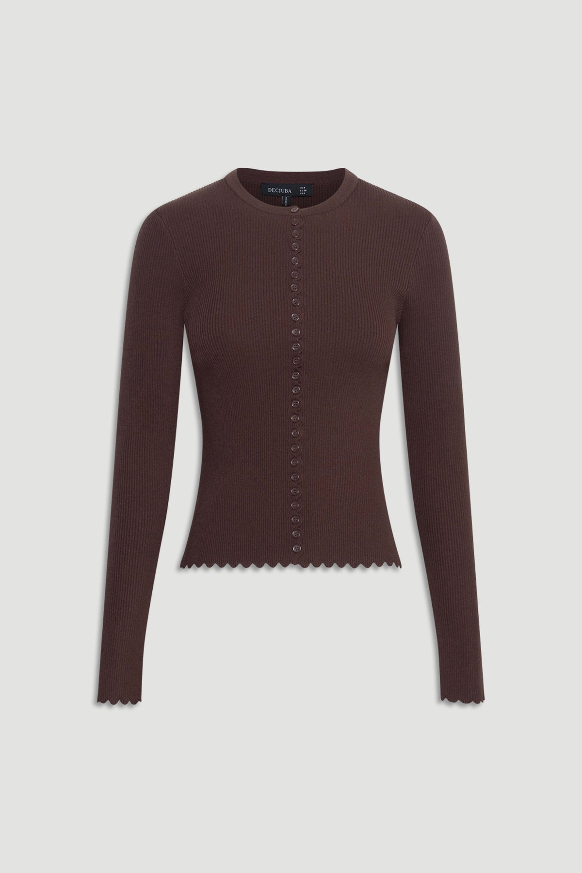 Fitted rich mocha long sleeve top with scalloped edges and a row of buttons down the front for a refined look