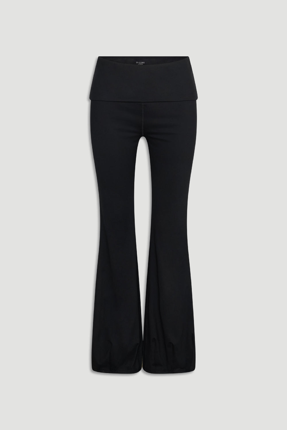 Black D-Luxe Flare Legging with a wide fold-over waistband and sleek flare silhouette for versatile styling by DECJUBA
