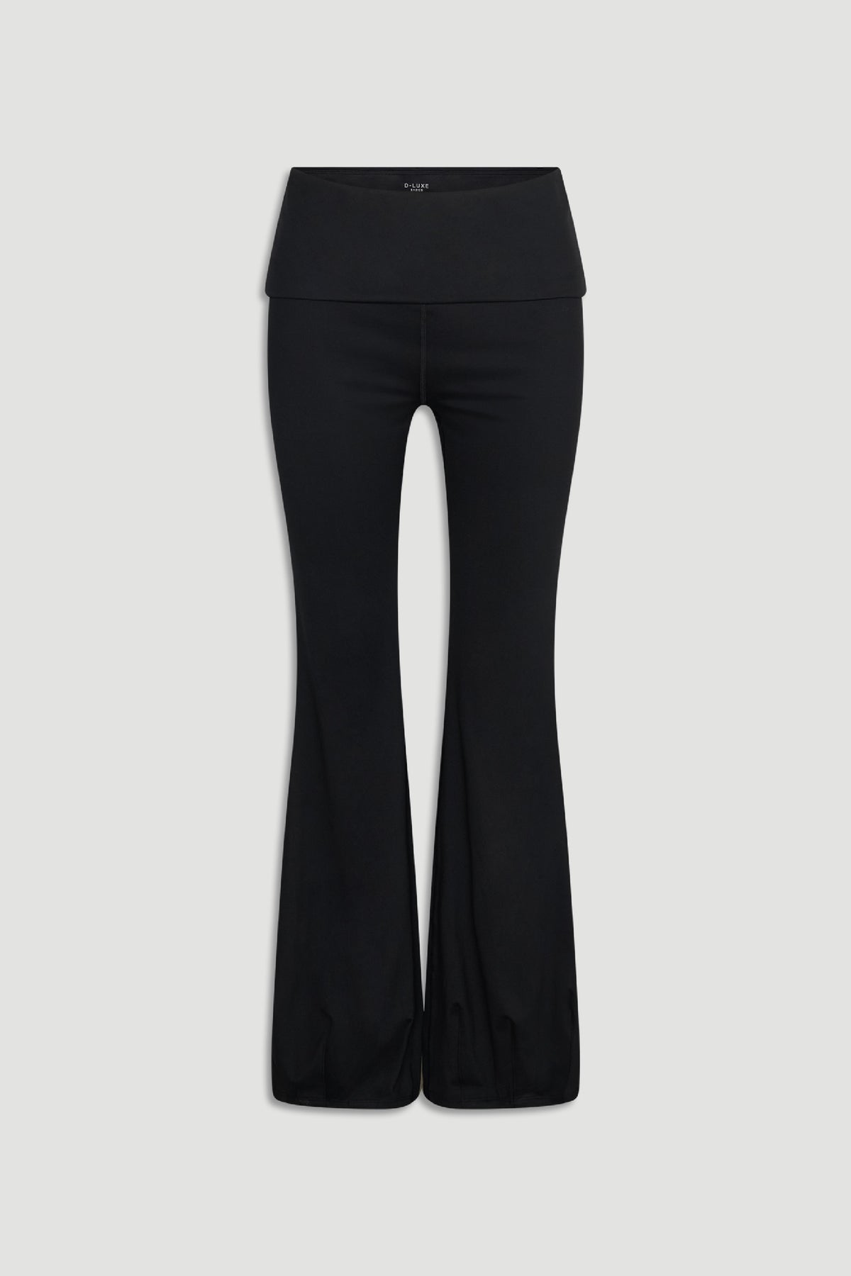 Black D-Luxe Flare Legging with a wide fold-over waistband and sleek flare silhouette for versatile styling by DECJUBA