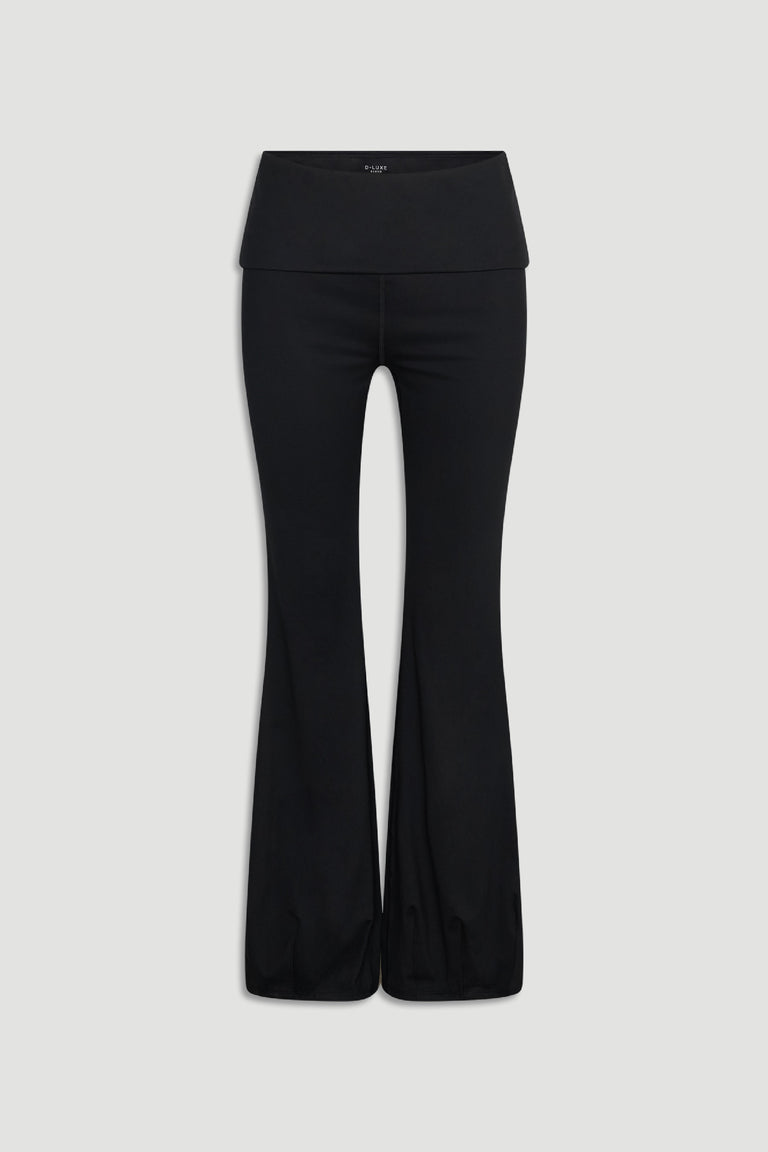 Black D-Luxe Flare Legging with a wide fold-over waistband and sleek flare silhouette for versatile styling by DECJUBA