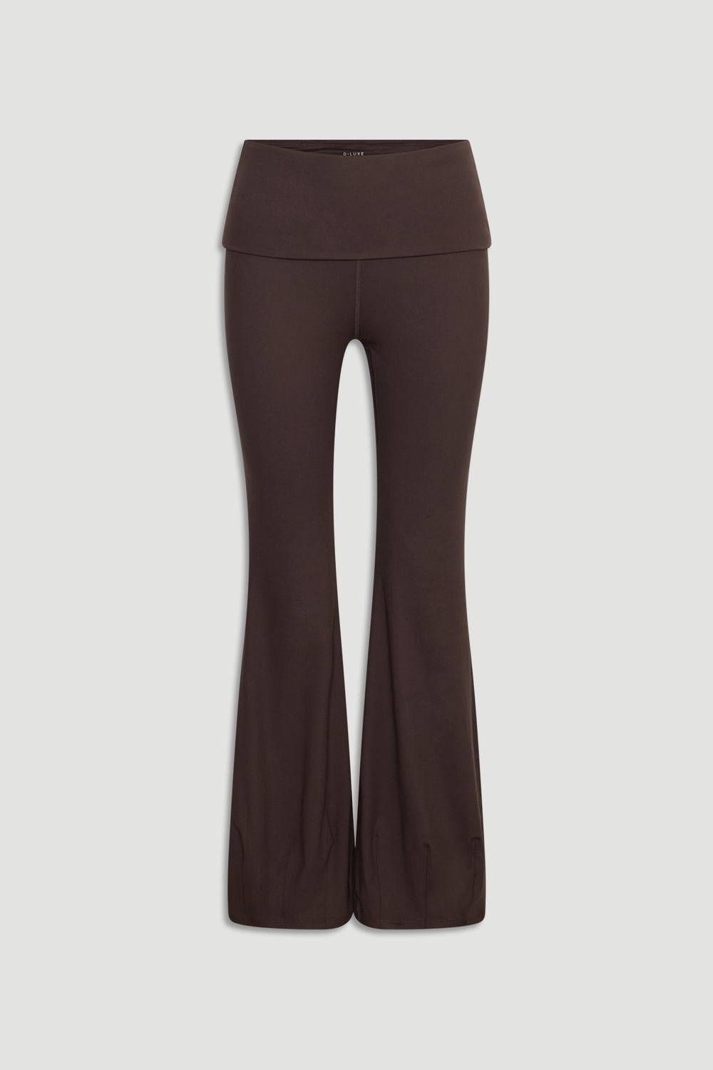 Brown wide-legged D-Luxe Flare Legging with a fold-over waistband, designed for comfort and style by Decjuba.